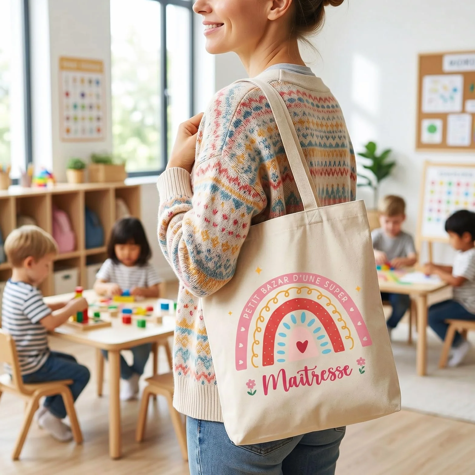 Sac en Toile Fourre-Tout Super Maitresse avec Trousse à Crayon