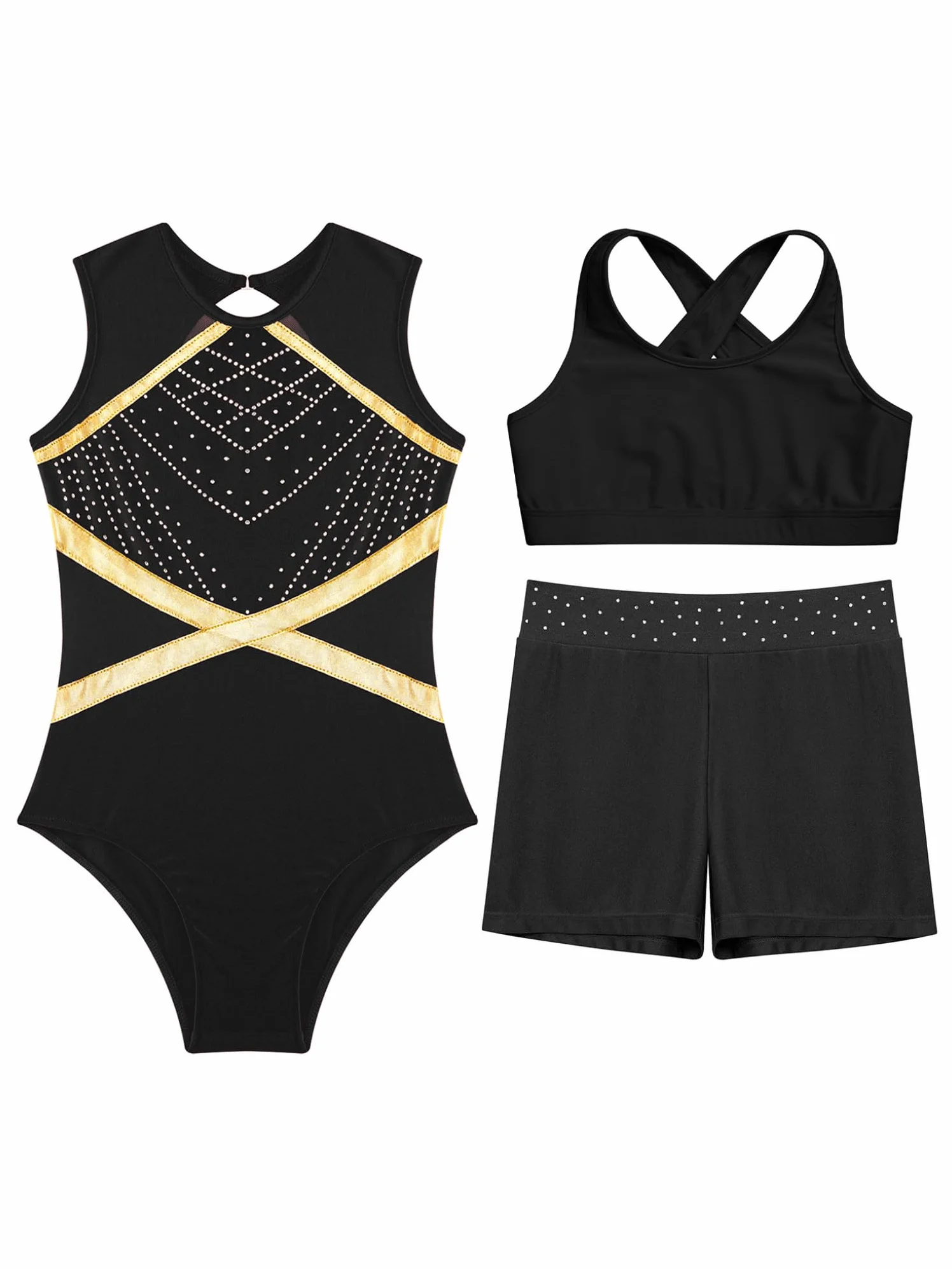 Oyolan Justaucorps Gymnastique Fille 3 Pièces avec Short Débardeur Tenue Danse Patinage