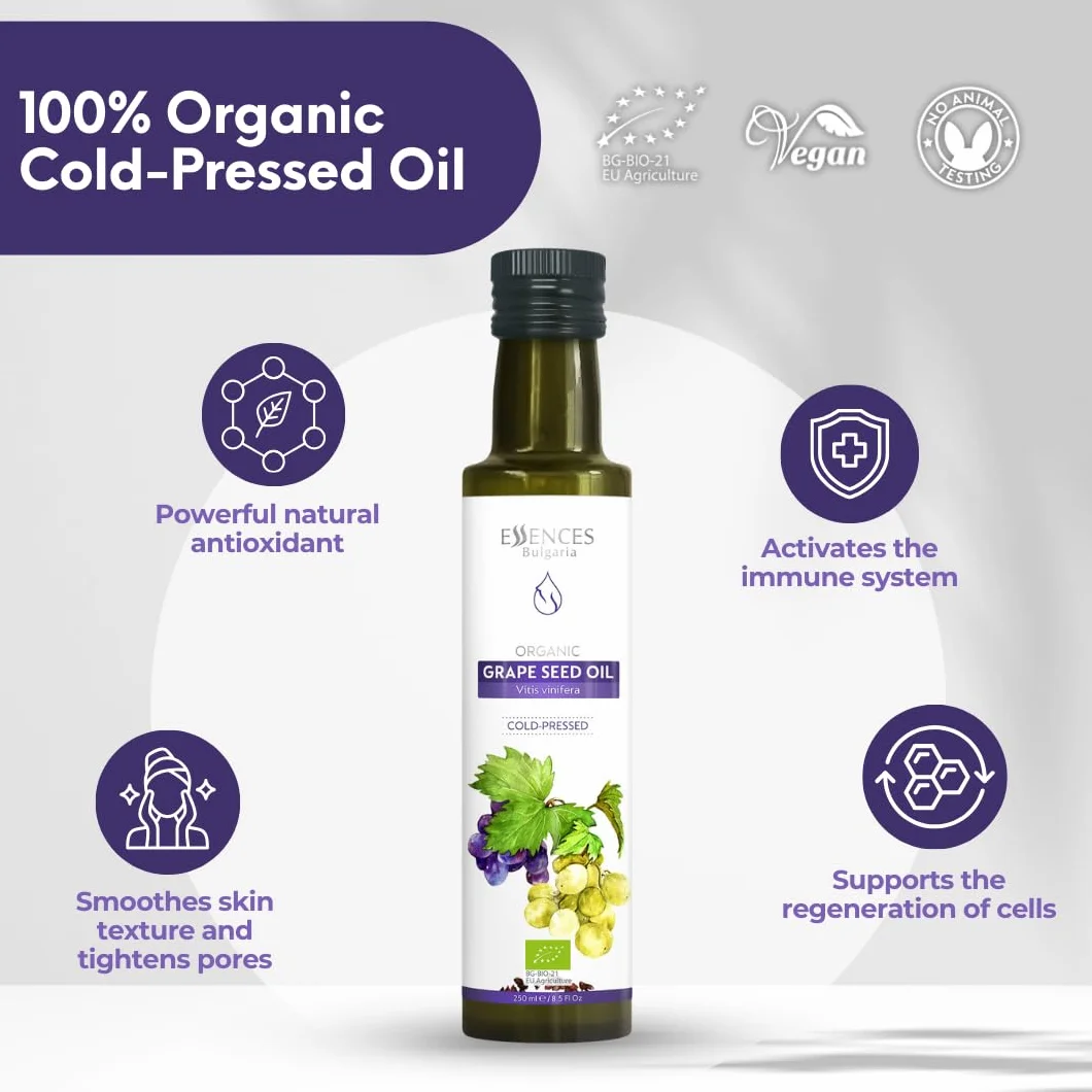 Essences Bulgaria Huile de Pépins de Raisin Bio 250 ml | Huile Pressée à Froid 100% Naturelle | Qualité Extra Premium | Excellent Goût | Sauces | Salades | Sans Additifs ni Conservateurs | Non-OGM