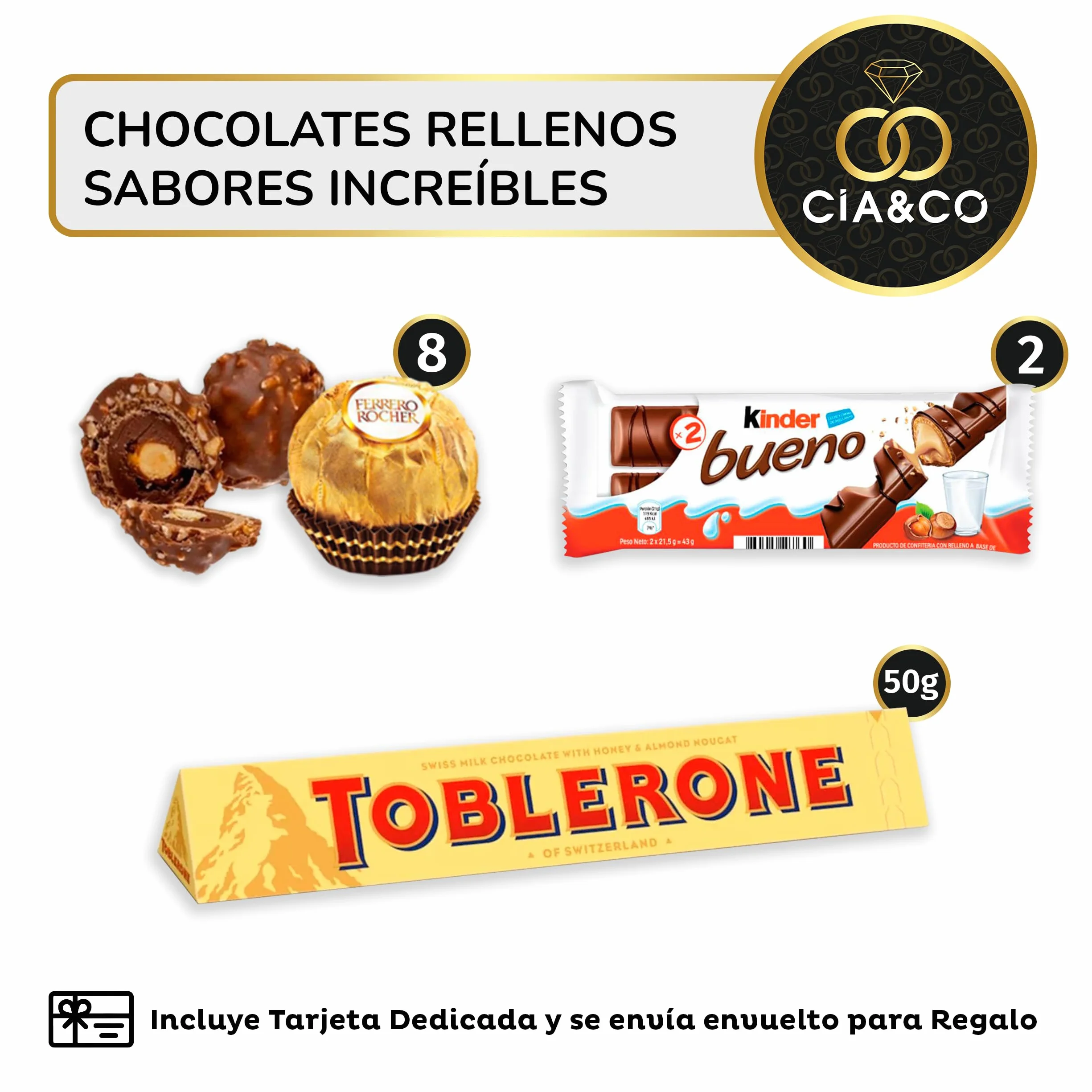 Coffret Bonbons avec +20 Chocolats Ferrero Rocher, Toblerone, Kinder Bueno, Bounty Coconut, Mars, Twix et de délicieuses barres Kit Kat et Huesitos.