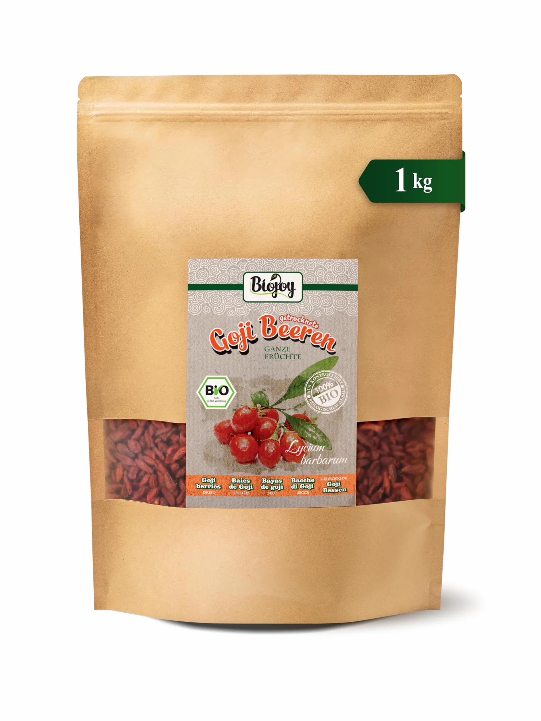 Biojoy Baies de Goji BIO supérieures (1 kg), séchées et entières, sans sucre ajouté
