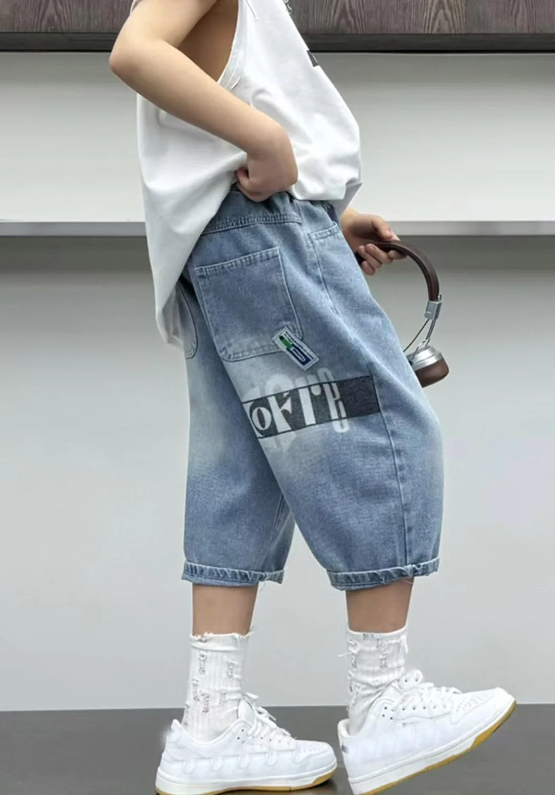 Shorts Baggy Jeans Longueur Genou Sport Solide Garçon 4-14 Ans