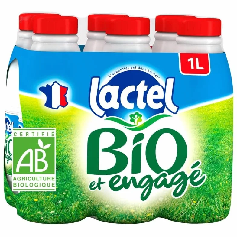 LACTEL Lait Entier Bio Certifié Ab 6X1L - Pack de 6 Bouteilles de Lait Bio Frais de 1L - Produit Français pour une Alimentation Saine et Naturelle - L'Unité