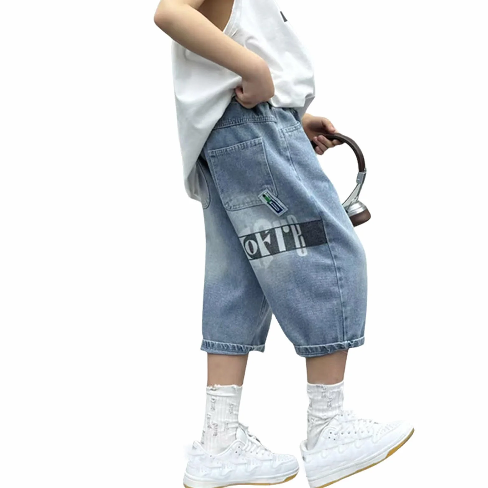 Shorts Baggy Jeans Longueur Genou Sport Solide Garçon 4-14 Ans