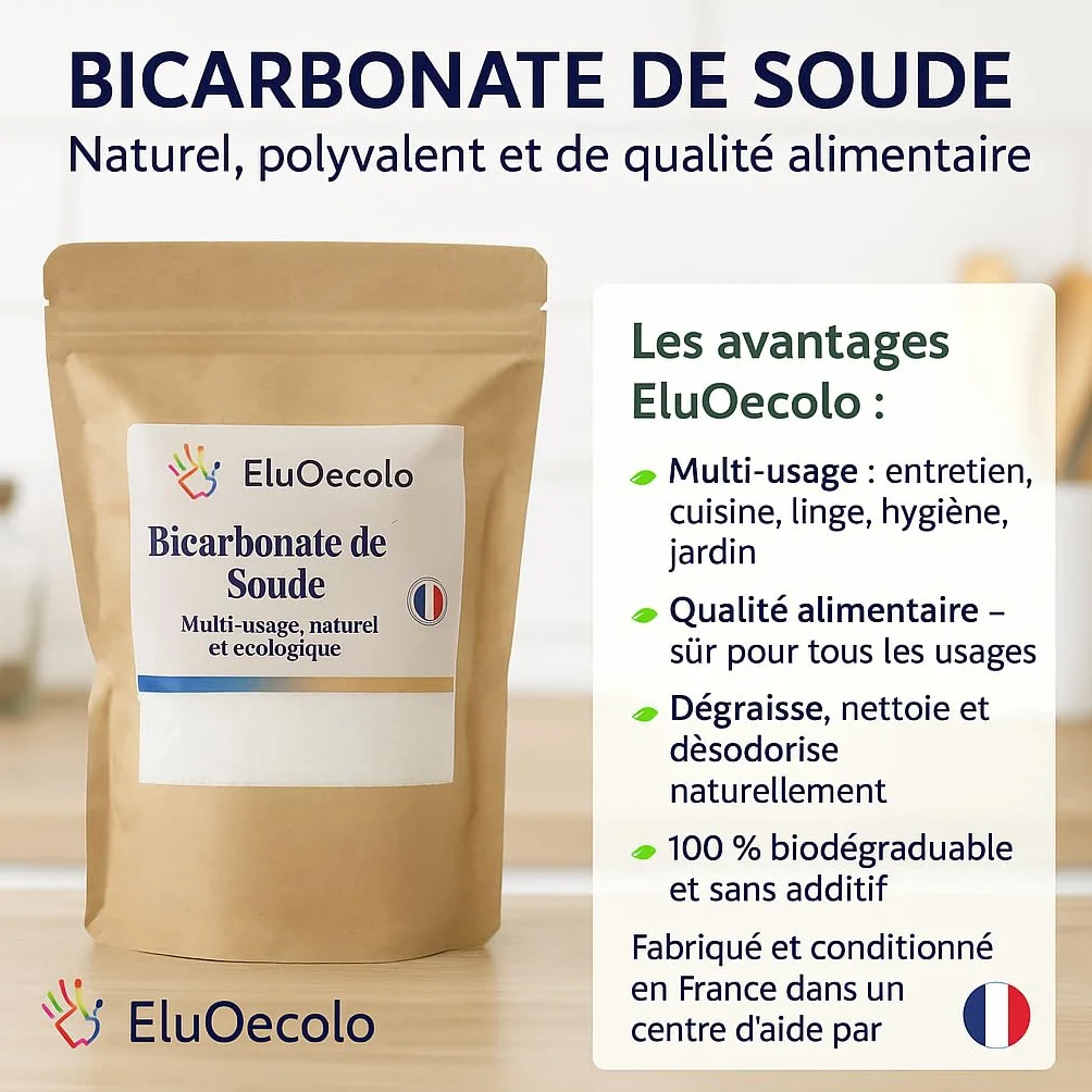 Made in France - Bicarbonate de Soude 3kg EluOecolo - Qualité alimentaire - Tous usages - Maison/Hygiène/Cuisine - Doseur à l'intérieur - Conditionné dans un CAT