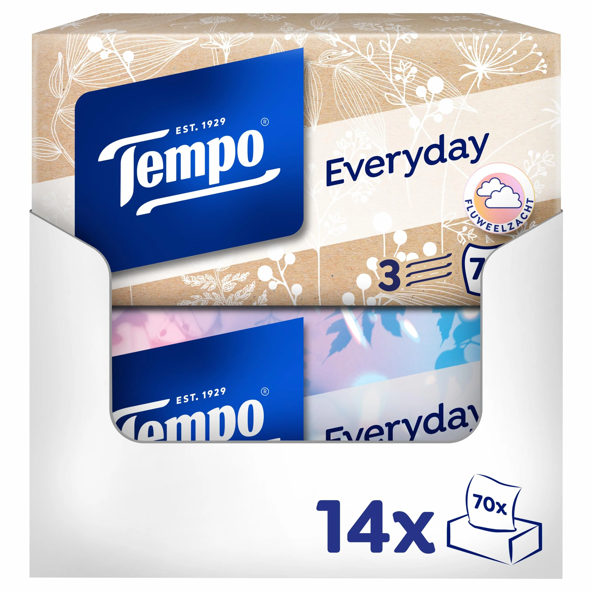 Tempo Light Box Megapack Lot de 14 boîtes de 70 mouchoirs par boîte – Mouchoirs en papier doux, lavables en machine