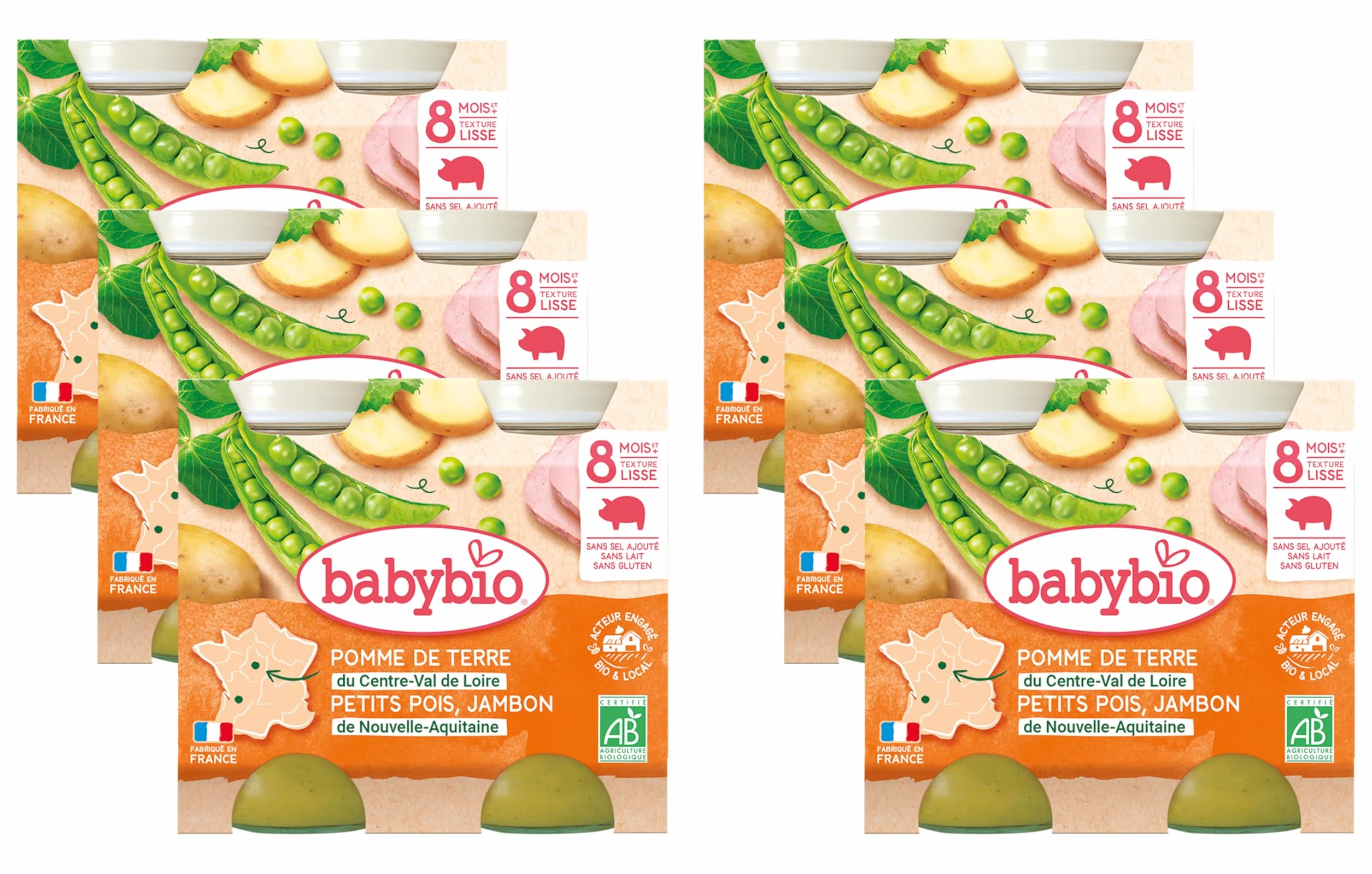 Babybio - Petits Pots - Pomme de terre Petits pois Jambon - 2x200g - Lot de 6 - 8+ Mois – BIO