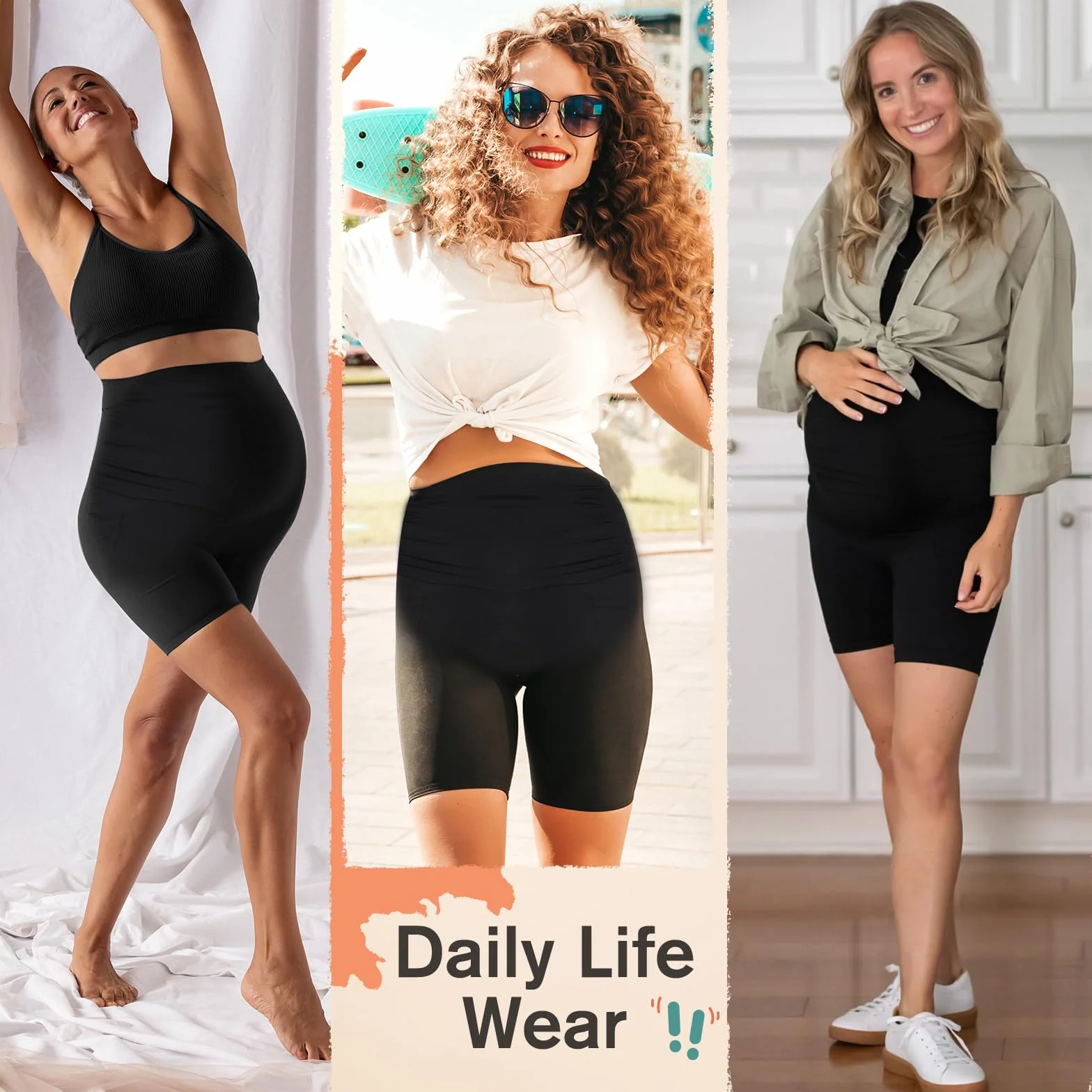 Short de maternité sur le ventre avec poches pour femme - Legging de grossesse actif extensible