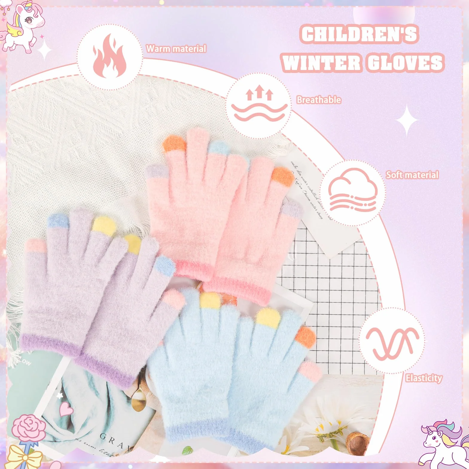 QKURT Lot de 3 paires gants d'hiver chauds enfants mitaines tricot extensible 4-10 ans