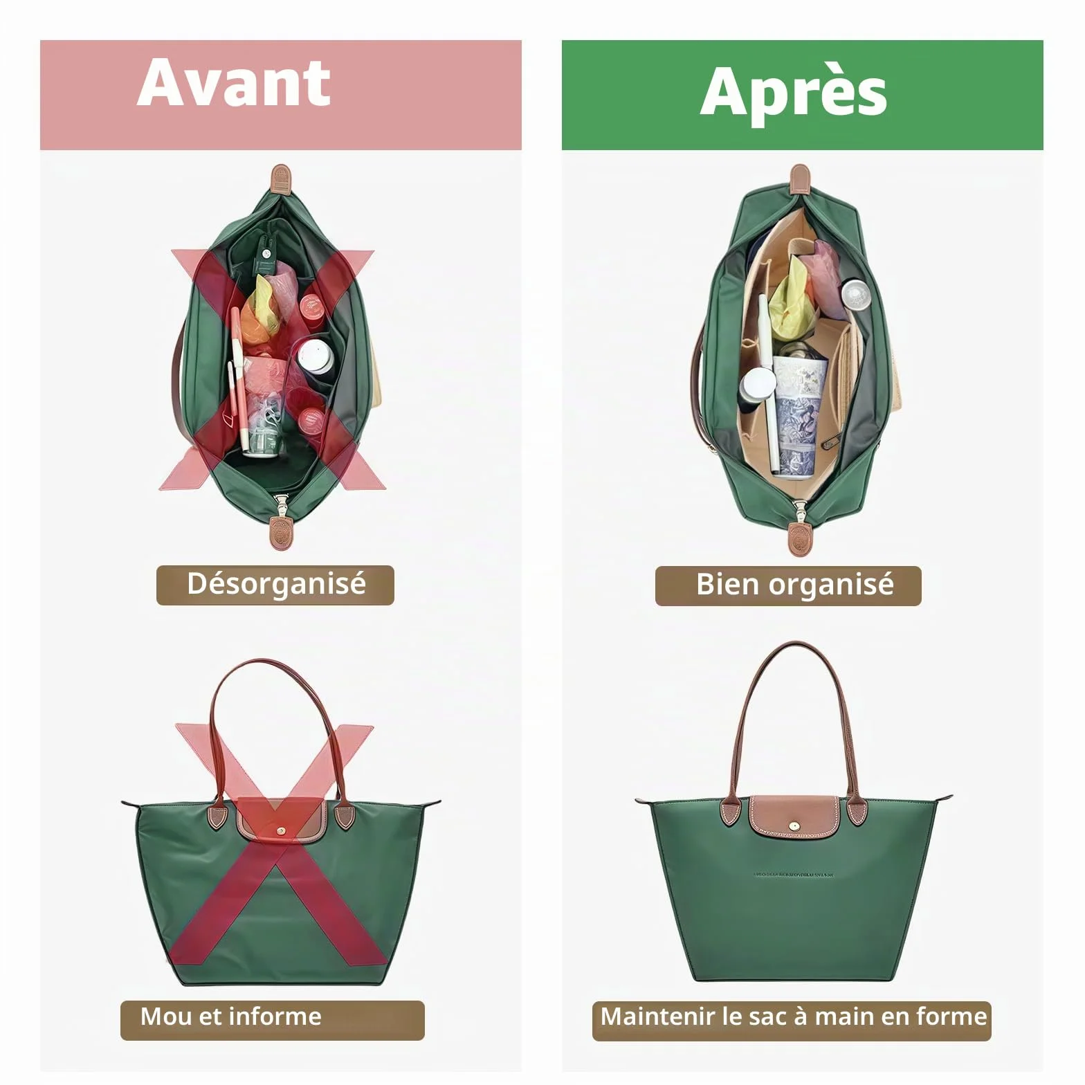 Organiseur de sac à main en feutre pour Longchamp L, pliable, Beige