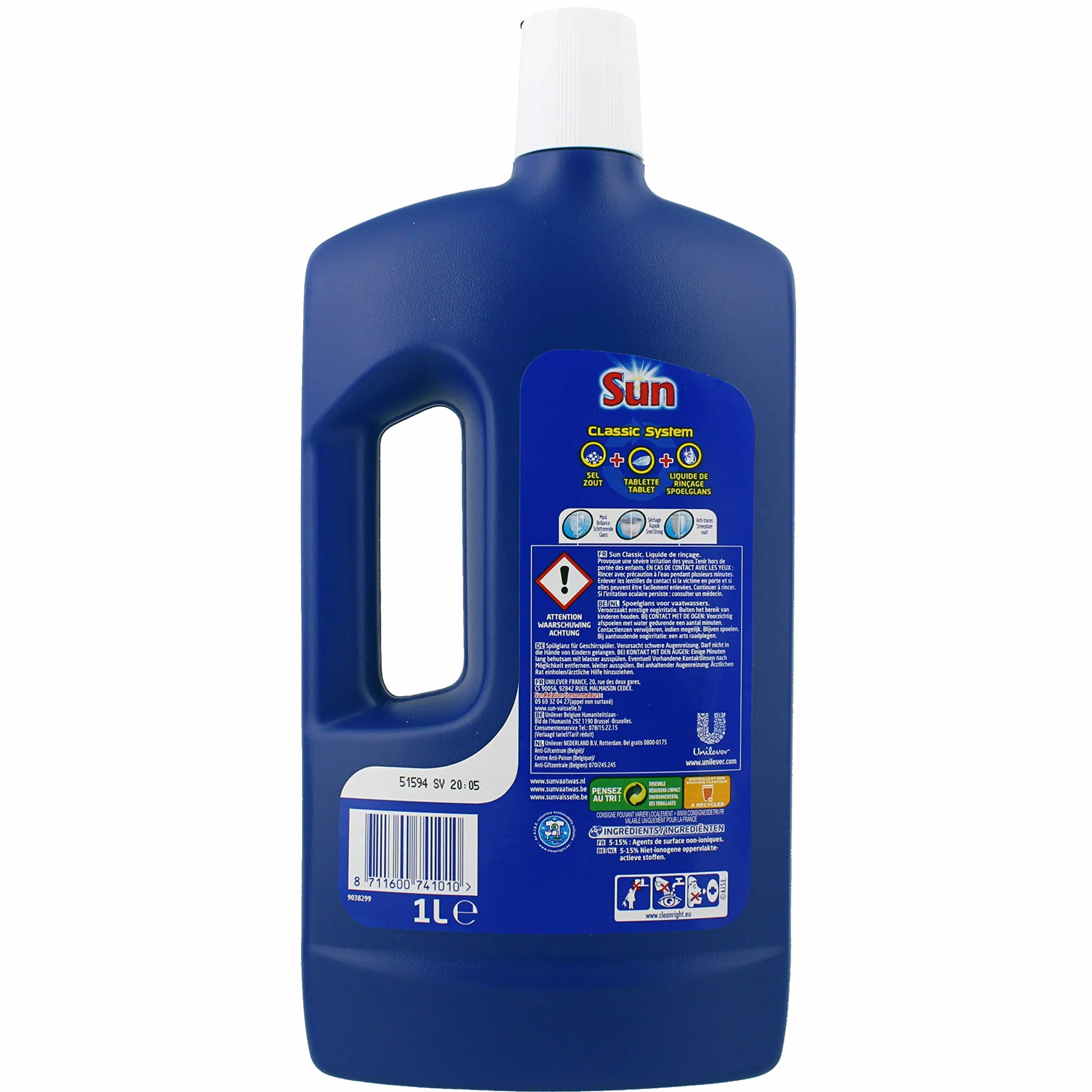Sun Liquide de Rinçage Lave-Vaisselle Classic Triple Action, Elimine les traces et dépôts, Brillance maximale, Vaisselle impeccable, Lot de 2 x 75 Lavages
