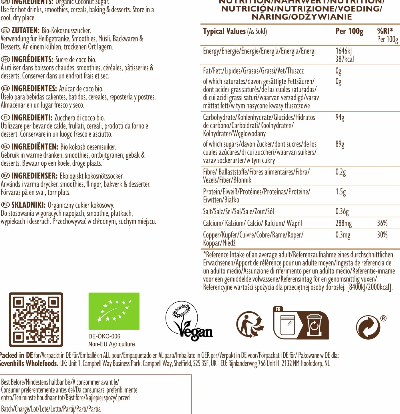 Sevenhills Wholefoods. Sucre de Fleur de Coco Bio 1,8kg, nectar de cocotier, pour boissons, desserts et pâtisseries, non raffiné, sans additifs, faible indice glycémique