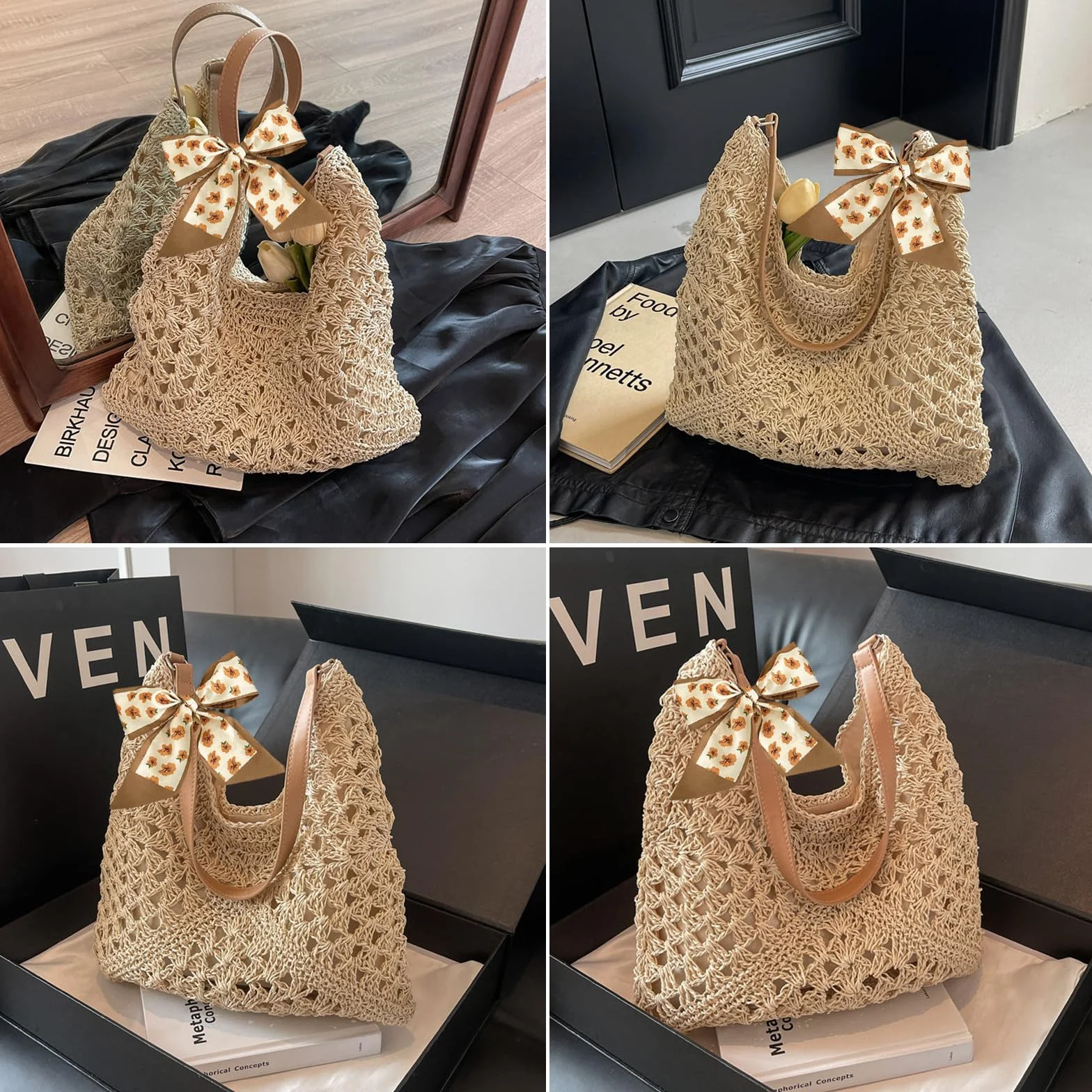 Sac à Bandoulière en Paille pour Femmes, Sac de Plage Bohème Esthétique