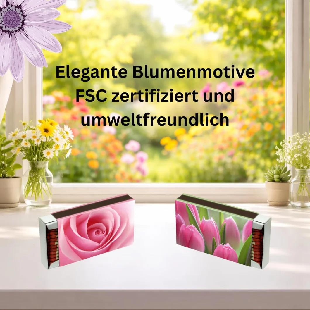 Camino 24 boîtes d'allumettes XXL 10 cm Motifs Fleurs, boîte d'allumettes pour Barbecue, cheminée, poêle, Bougies, allumettes de sécurité Motifs Fleurs Allumettes de Lance