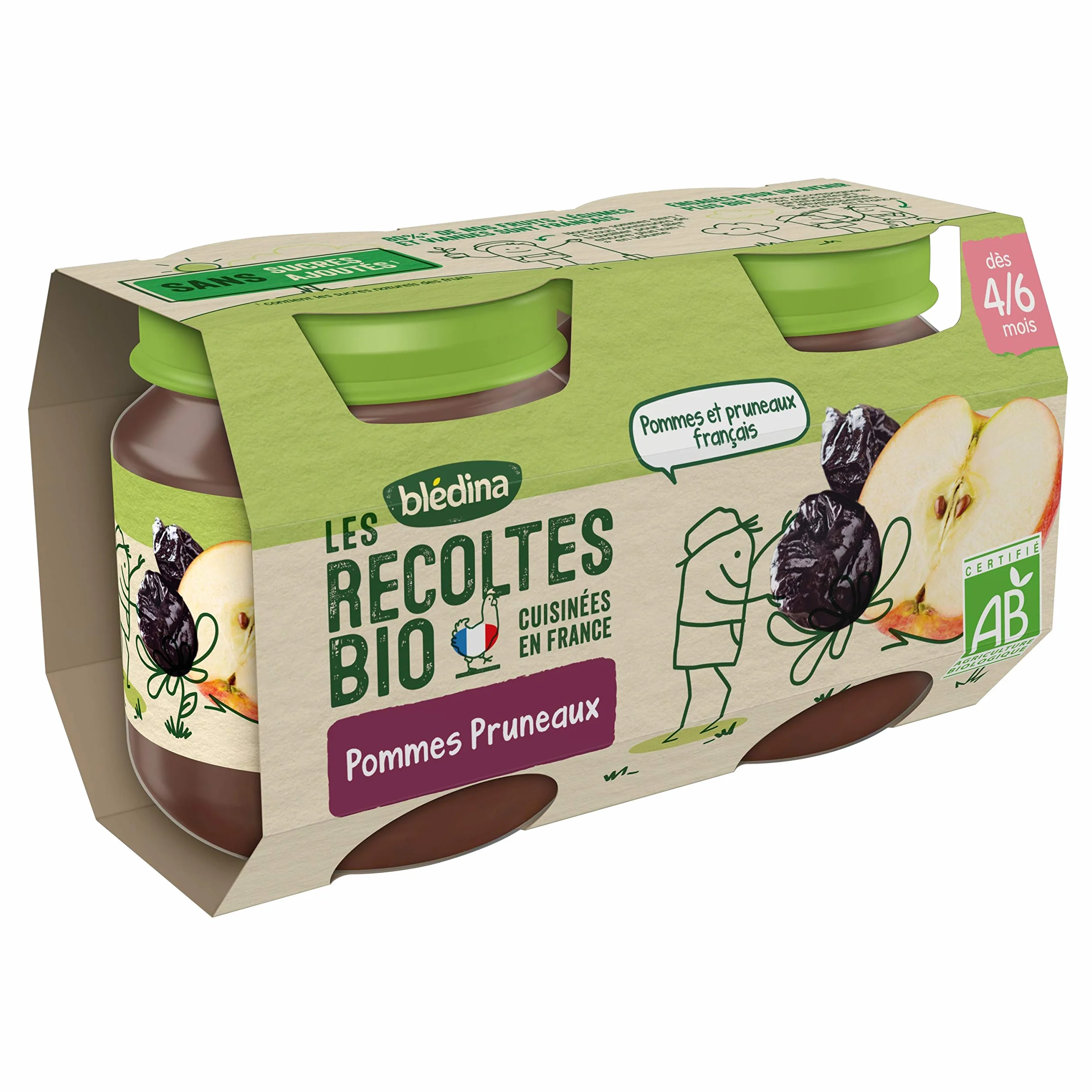Blédina Les Récoltes Bio, Petits pots bébé Bio dès 4/6 Mois, Pommes Pruneaux, 2x130g (Packx12)