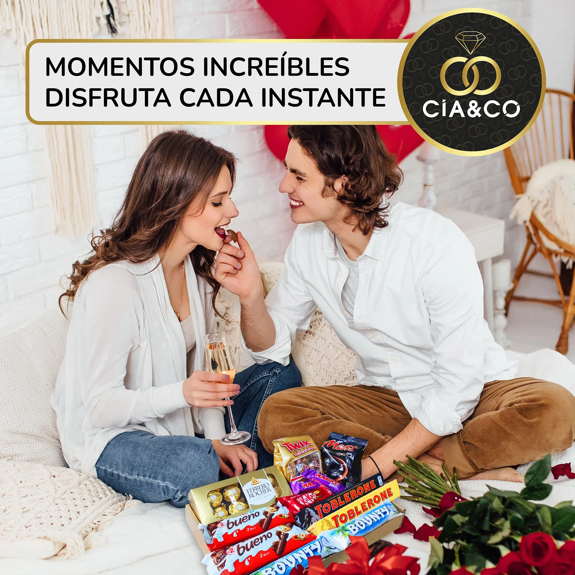 Coffret Bonbons avec +20 Chocolats Ferrero Rocher, Toblerone, Kinder Bueno, Bounty Coconut, Mars, Twix et de délicieuses barres Kit Kat et Huesitos.