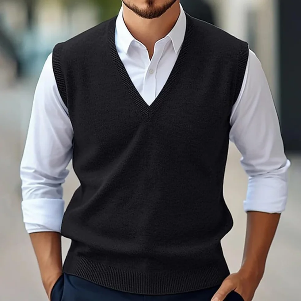 Pull en Tricot pour Homme Gilet Col en V sans Manches Classique Slim Fit Business