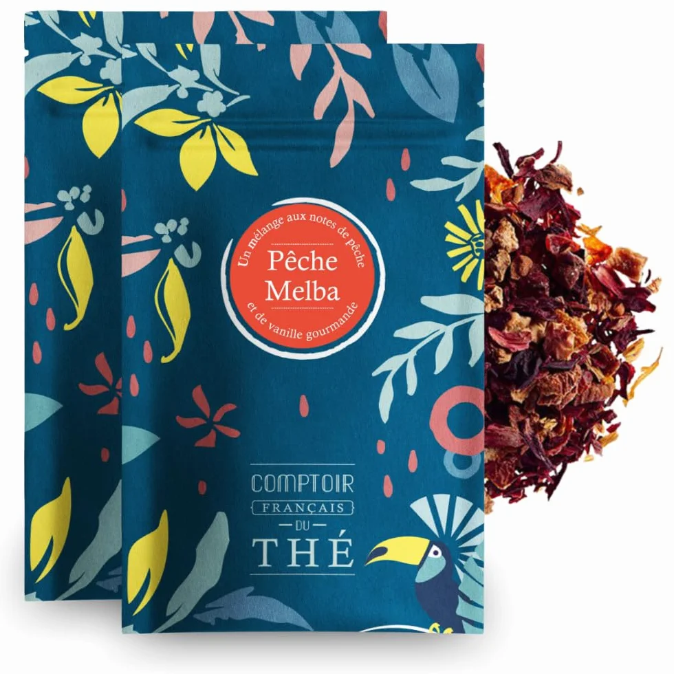 2x100g d'Infusion Pêche Vanille - Pêche Melba COMPTOIR FRANÇAIS DU THÉ | Notes de Pêche et de Vanille - Délicieux chaud ou glacé, parfait en thé glacé maison - coffret thé à offrir - thé de Noël