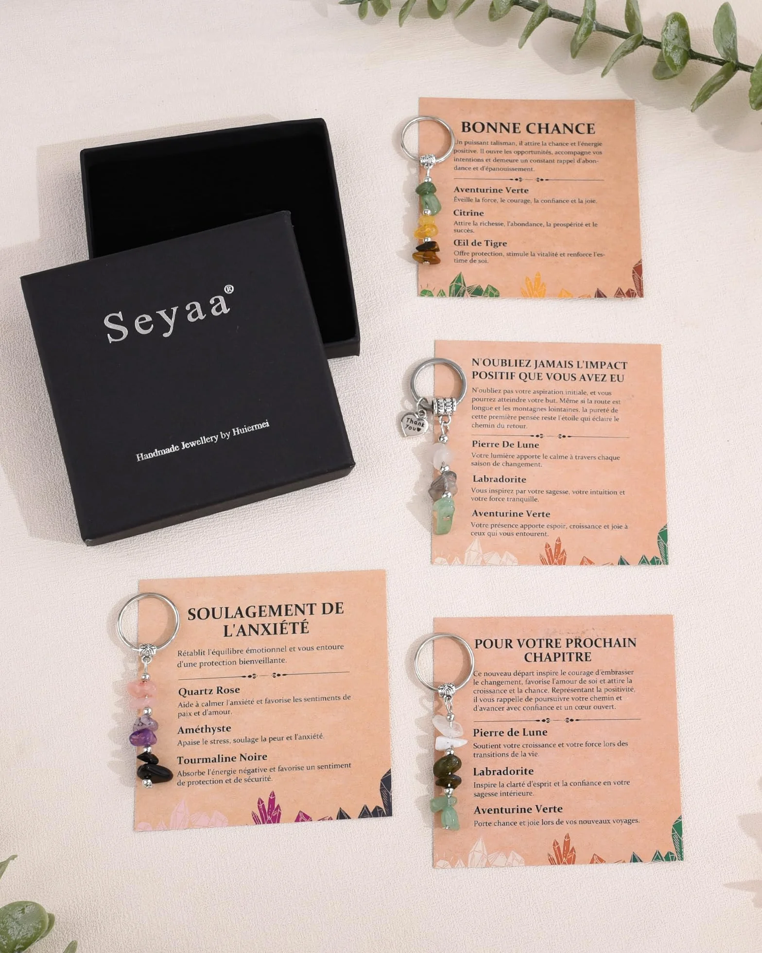 Porte Clef Femme Pierre Naturelle Seyaa Carte Inspirante Bonne Chance