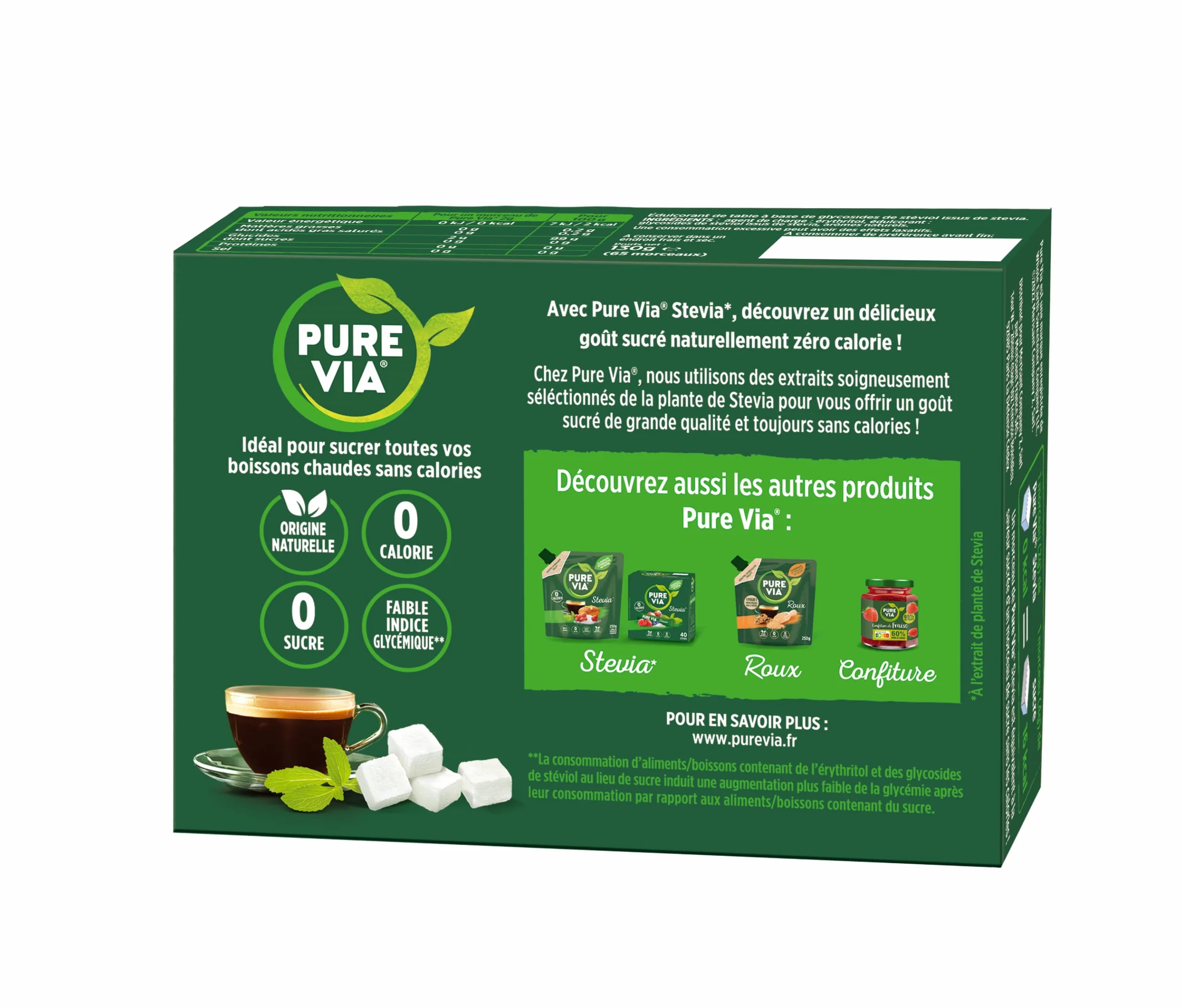 Pure Via - Stévia - Boîte de 65 morceaux - Zéro Calorie, Zéro Sucre - Alternative d'origine naturelle au sucre, 130g