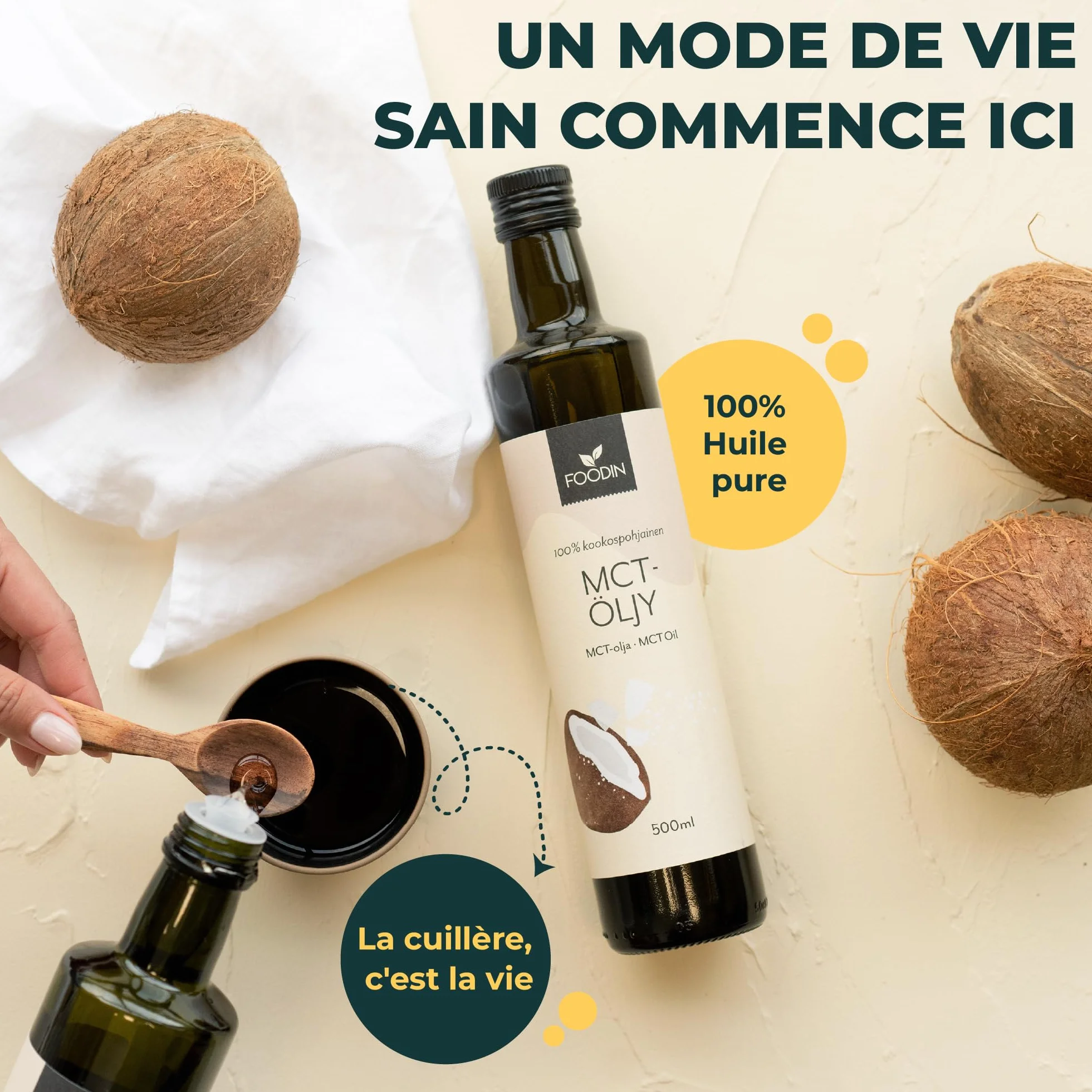 FOODIN Huile MCT 100% Huile de Coco,Triglycérides à Chaîne Moyenne (MCT), Sans Gluten & Végétalienne, de Coco Pure pour Athlètes, Idéale pour Régimes Cétogènes & Bienfaits Santé, 2 x 500 ml