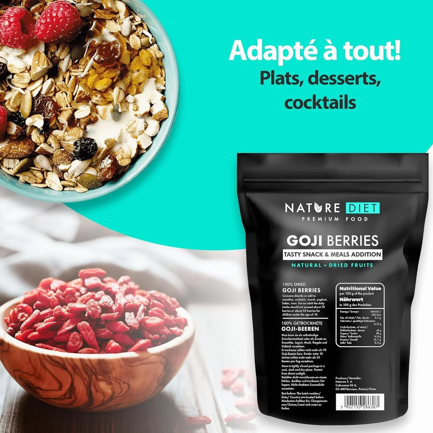 Nature Diet Baies de Goji | 500 g | Riches en Fibres & Protéines | Vegan, Sans Gluten & Sans Lactose | Non OGM | Idéal pour Snacks, Smoothies & Pâtisserie