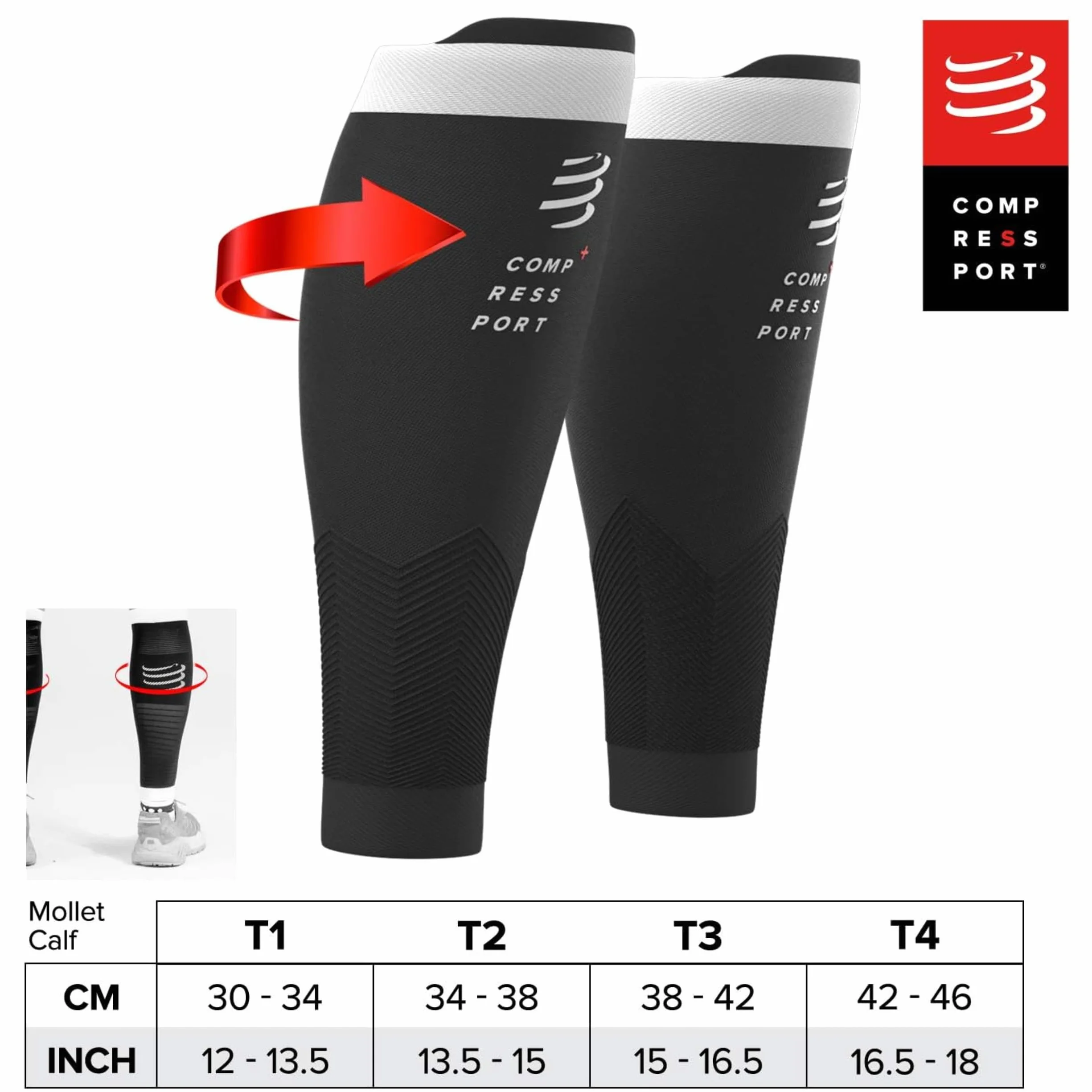 Compressport Manchon de Compression Mollets R2V2 – Protection Musculaire, Performances et Récupération pour le Sport – Ultraléger et Antifatigue – Running, Cyclisme, Trail et Triathlon