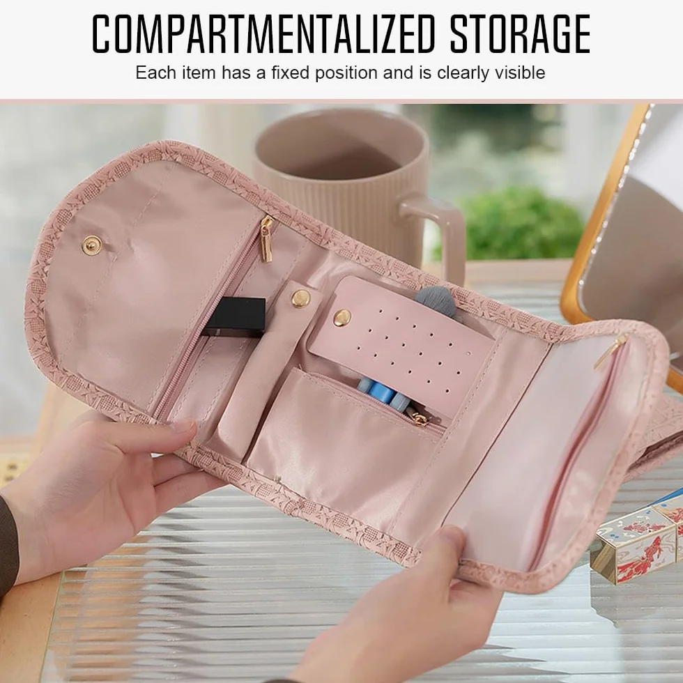 Pochette Rouleau à Bijoux de Voyage en Cuir, Sac Organisateur de Bijoux Rose
