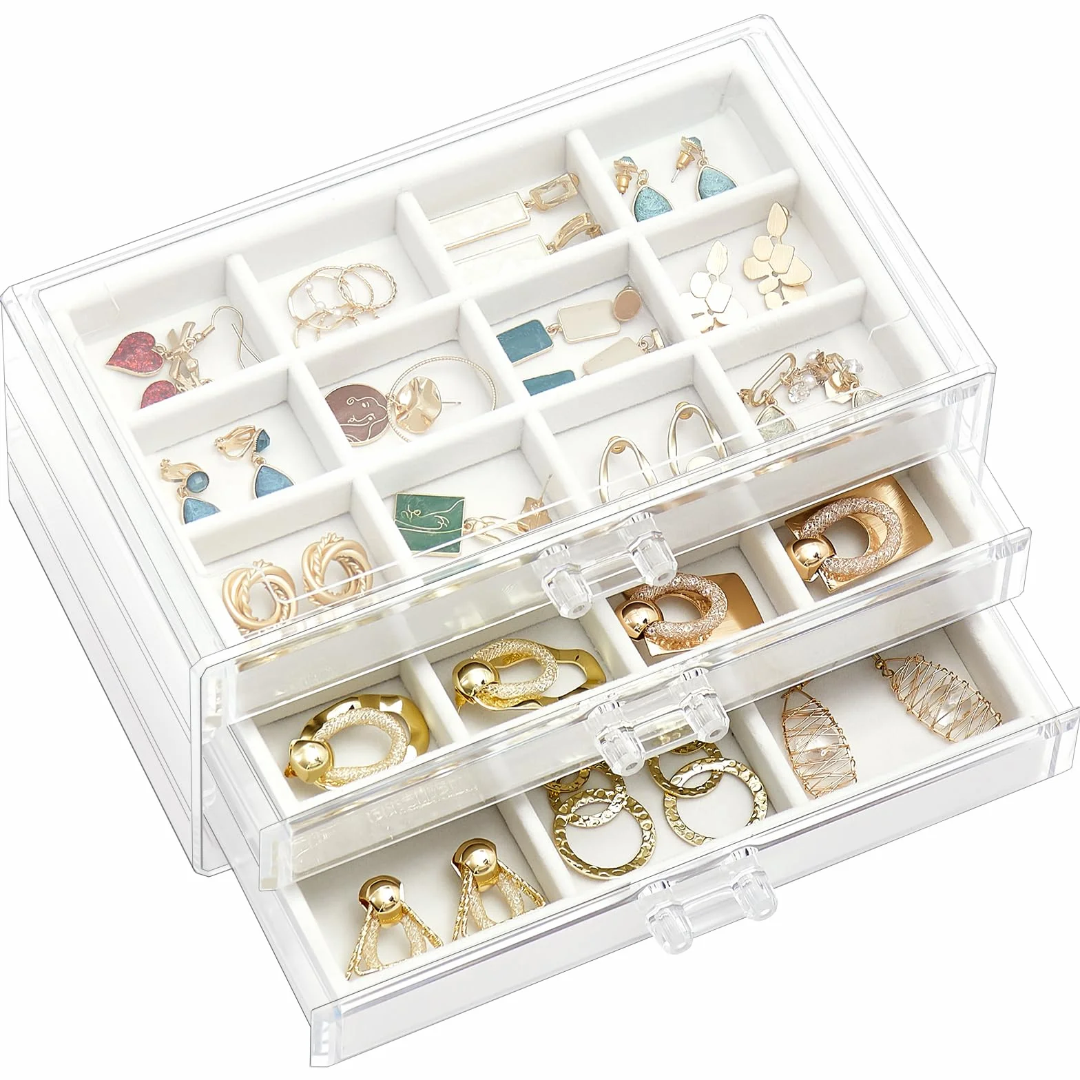 Procase Boîte à Bijoux Transparente 3 Plateaux Tiroir avec Séparateurs Amovibles Rangement Bijoux Acrylique Blanc