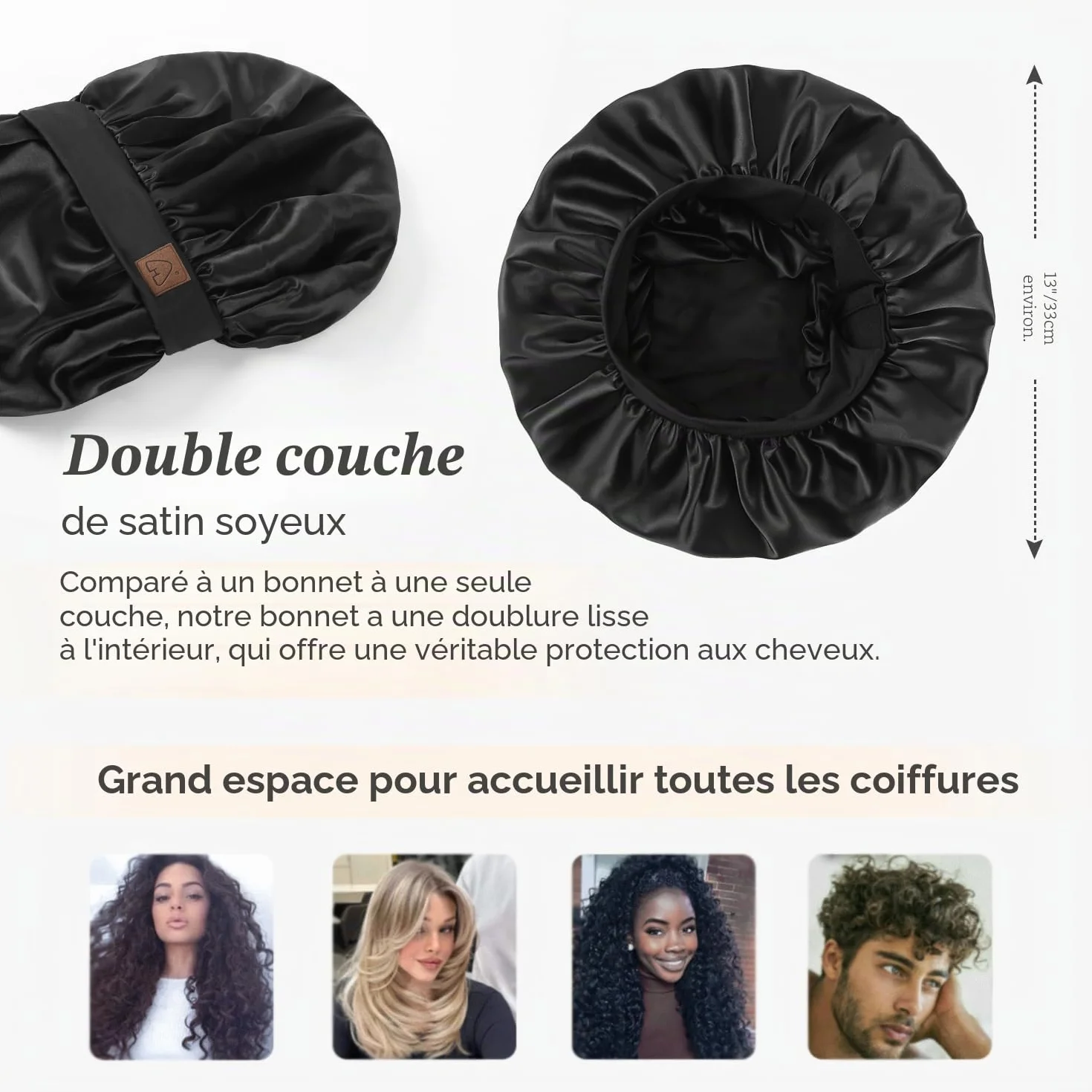 Bonnet Satin Soie Cheveux Nuit Double Couche Bande réglable pour Femme Homme