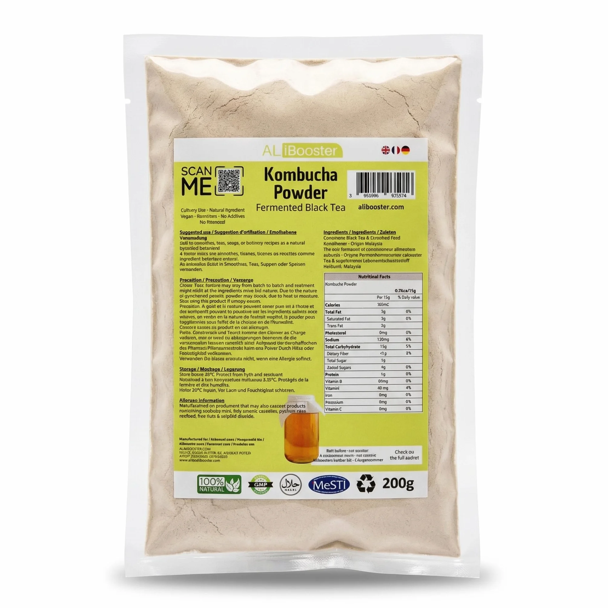 Extrait de thé noir fermenté Camellia sinensis Kombucha - Poudre 200g pur 100% naturel sans additif - Pour soupe, smoothies, café, boissons, pâtisseries