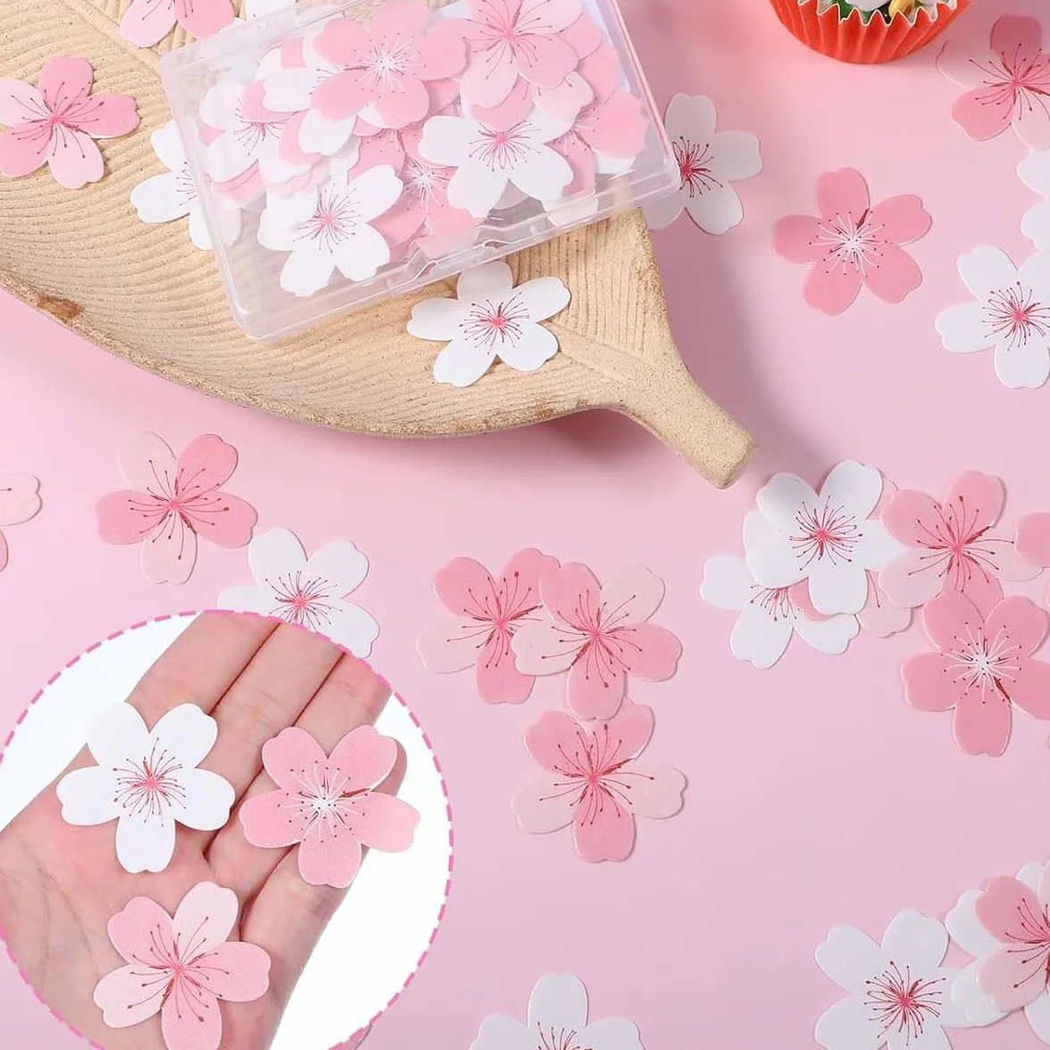 50 Pièces Fleurs Comestibles Cupcake, Fleurs Comestibles pour Gateau, Gluant Papier de Riz Décoratif Gâteau, Décoration de Gâteau pour Anniversaires, Fête Mariage(Rose et blanc)