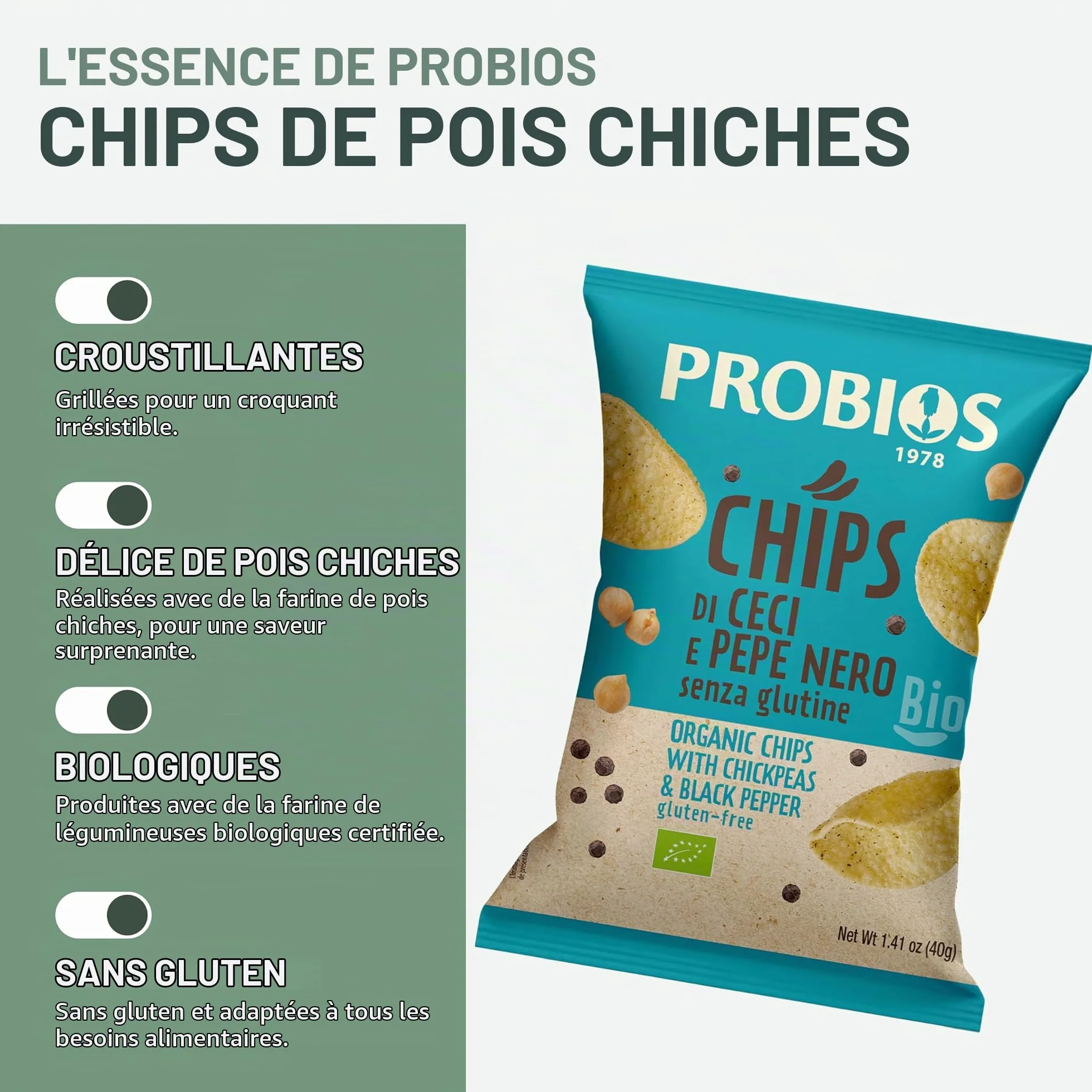 Probios Chips aux pois chiches et poivre noir biologique - emballage 12x40g
