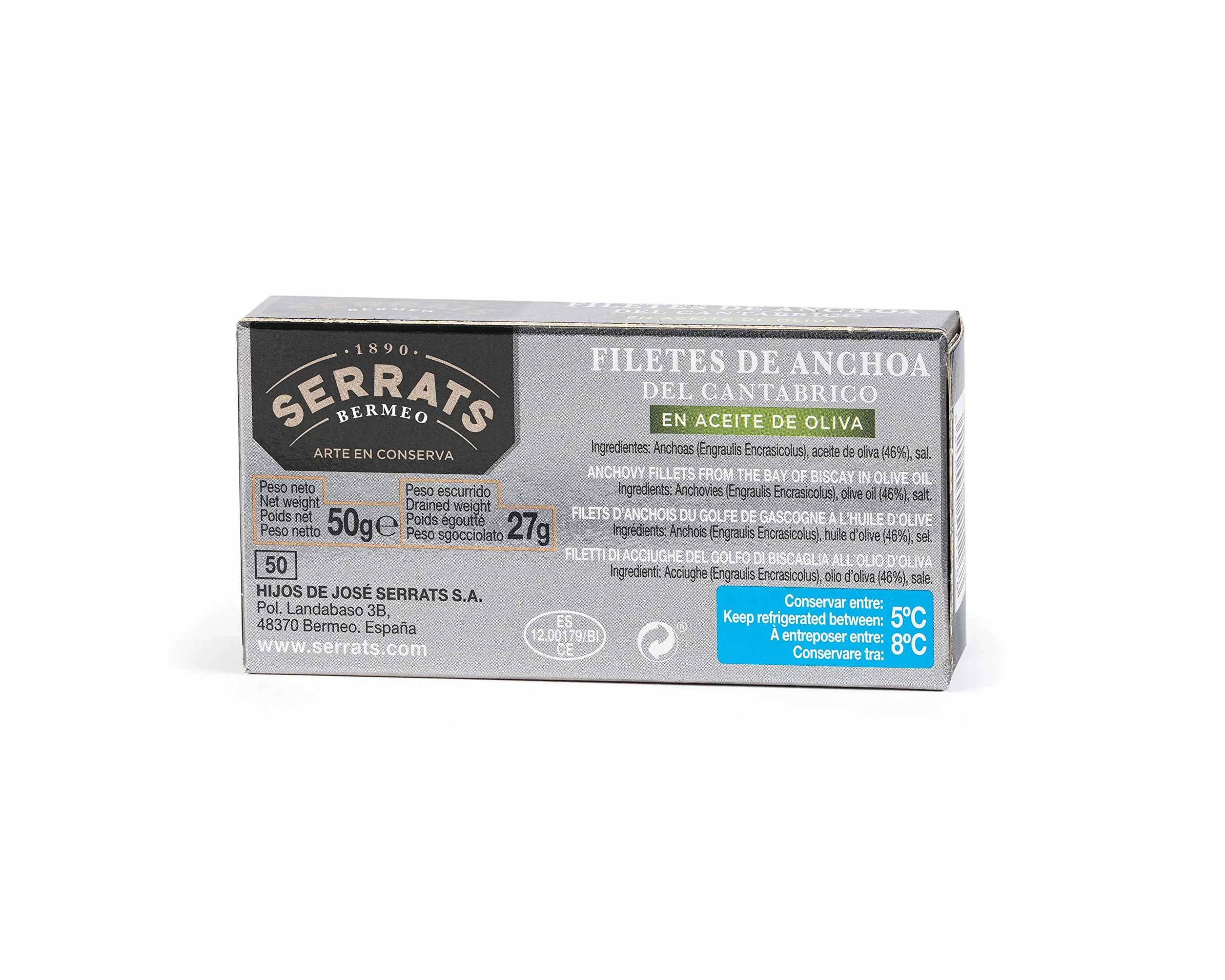CONSERVAS SERRATS - Anchois de Cantabrique à l'Huile d'Olive - 6 Boîtes x 50g (Total : 600g) - Fabrication Artisanale, 100% Naturel, Sans Arêtes, Gourmet, Riche en Oméga 3