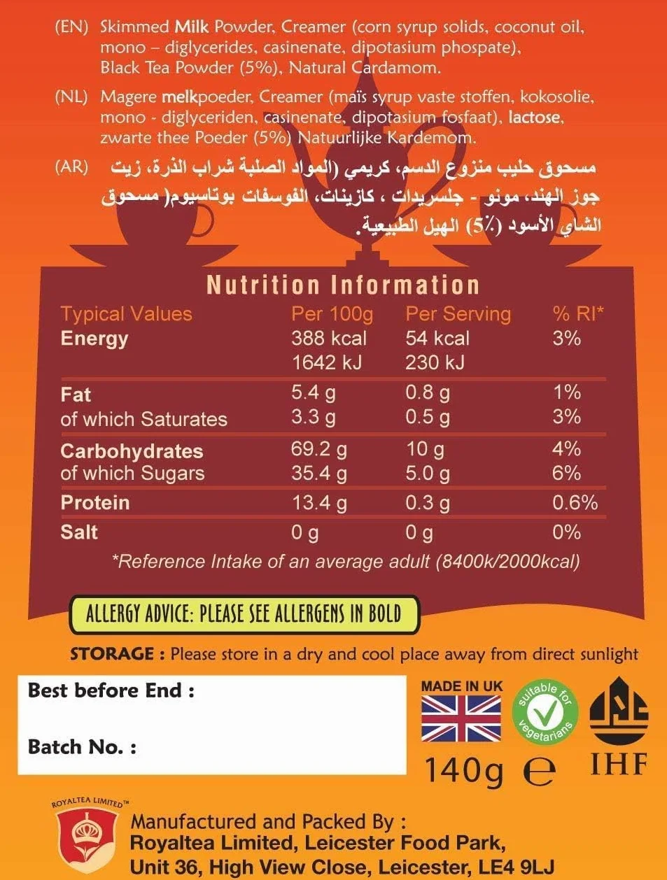 Royal Chai Karak Thé Instantané Premium - Non Sucré 180g (Lot de 2) - Naturel - Thé Indien Instantané