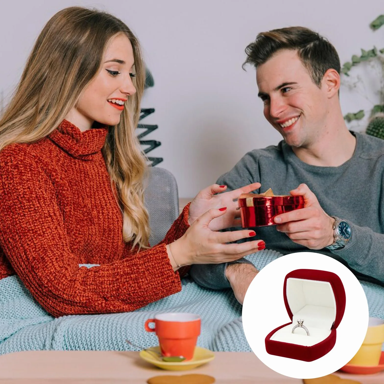FuninCrea Porte Alliance Mariage Velours Fente Simple Boite Bague Boucles d'Oreilles Bagues Proposition Fiançailles Cérémonie Rouge