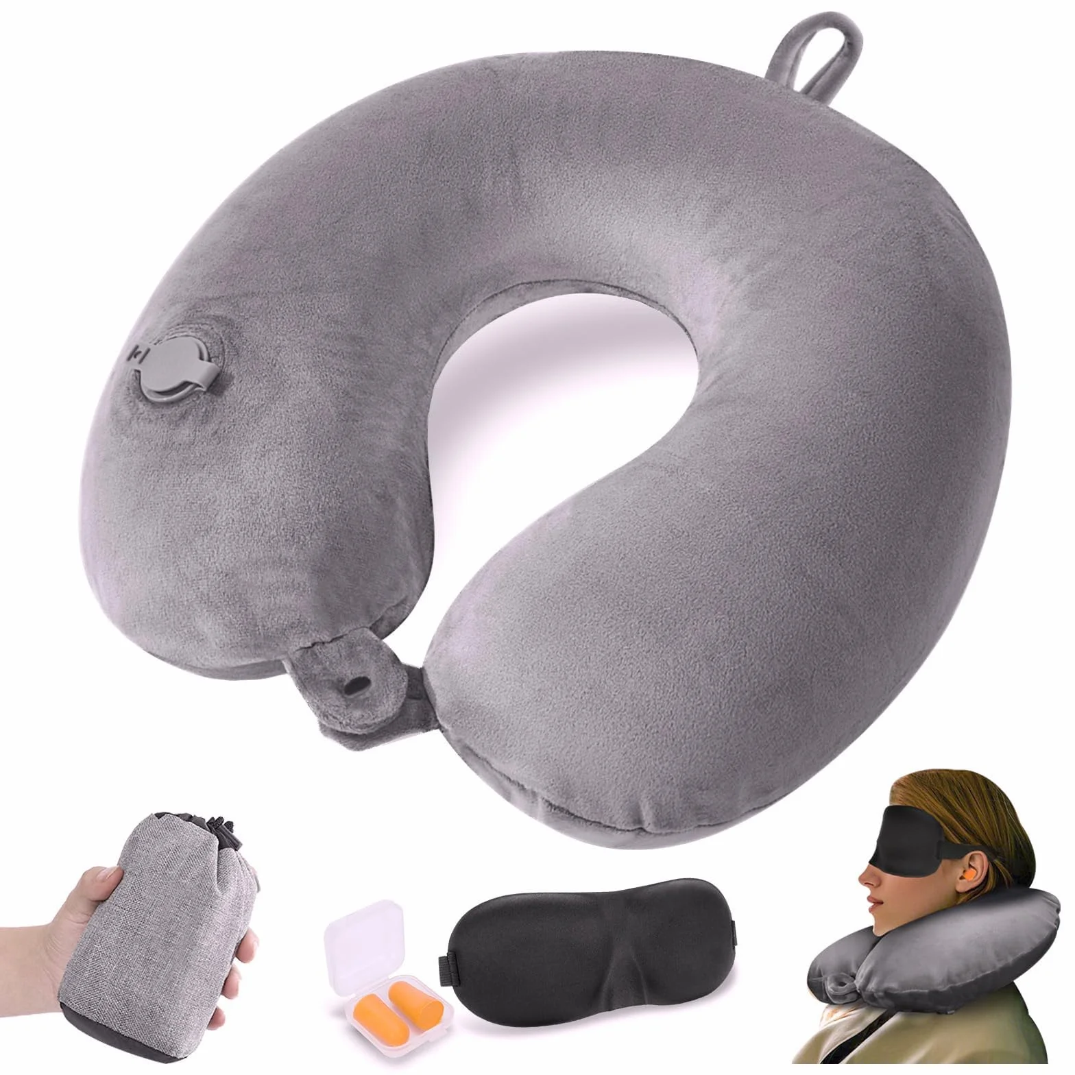 Coussin de Voyage Gonflable avec Masque pour Les Yeux, Oreiller Avion Compact Gris