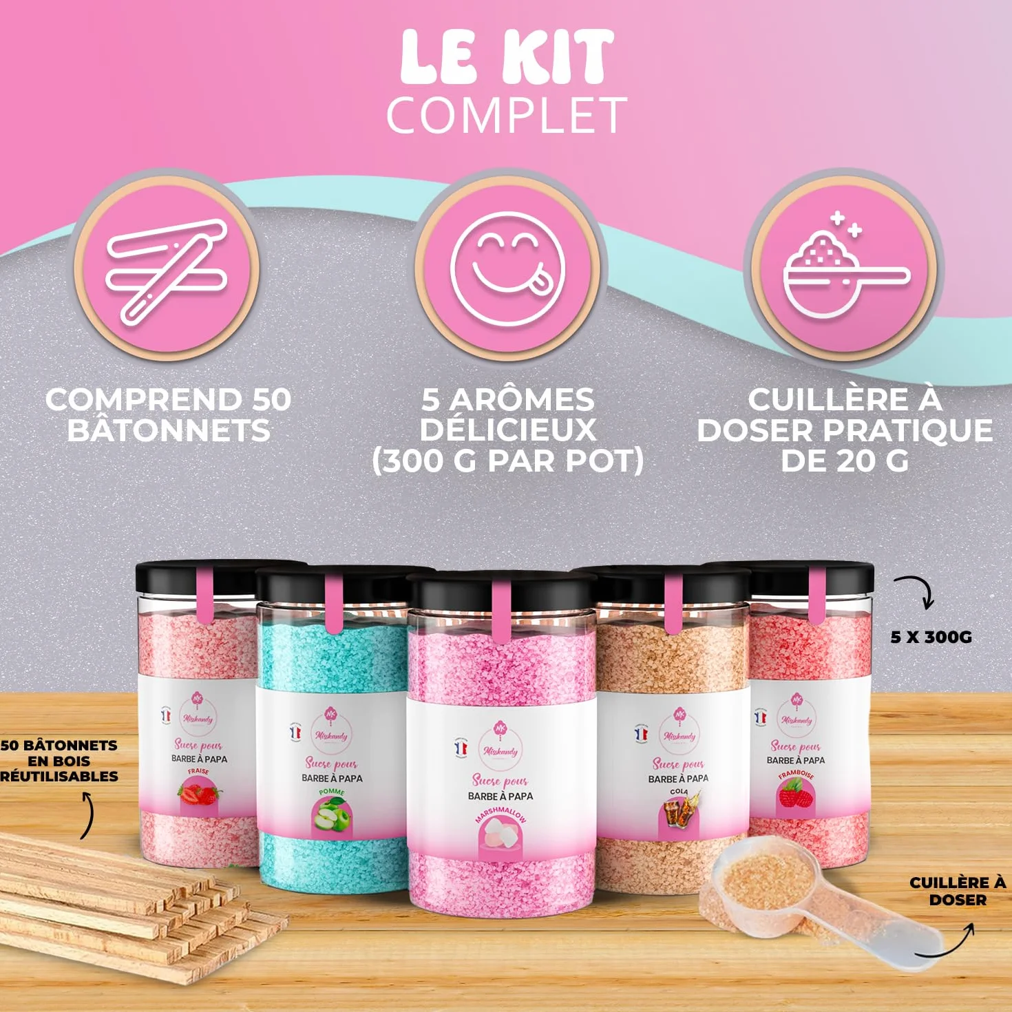 Misskandy® sucre barbe à papa pour machine- Lot de (5 * 300Gr) - (Arômes Naturels): Goûts: Fraise/Pomme/Marshmallow/Cola/Framboise/poudre barbapapa+ 50 bâtonnets (offerts)/ Fabriqué en France
