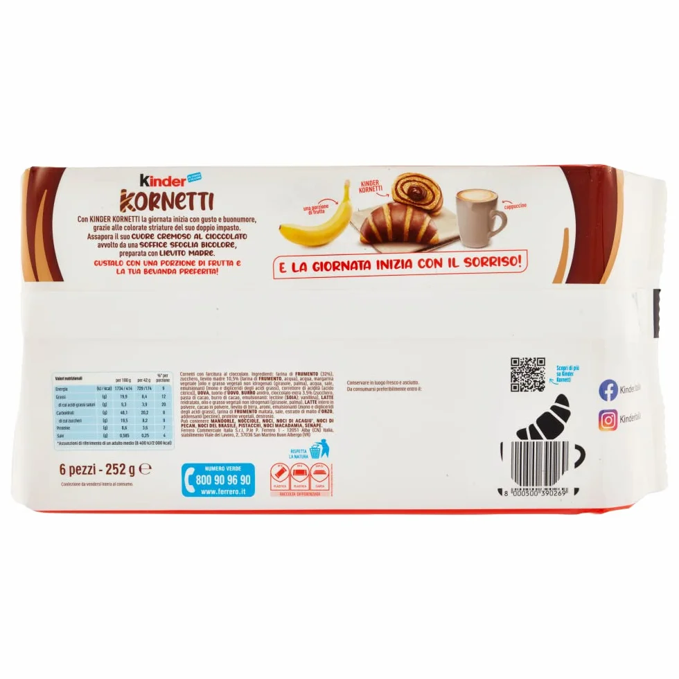 Lot de 6 croissants Ferrero Kornetti Cioccolato Cornetti au chocolat de 252 g, chaque paquet contient 6 croissants