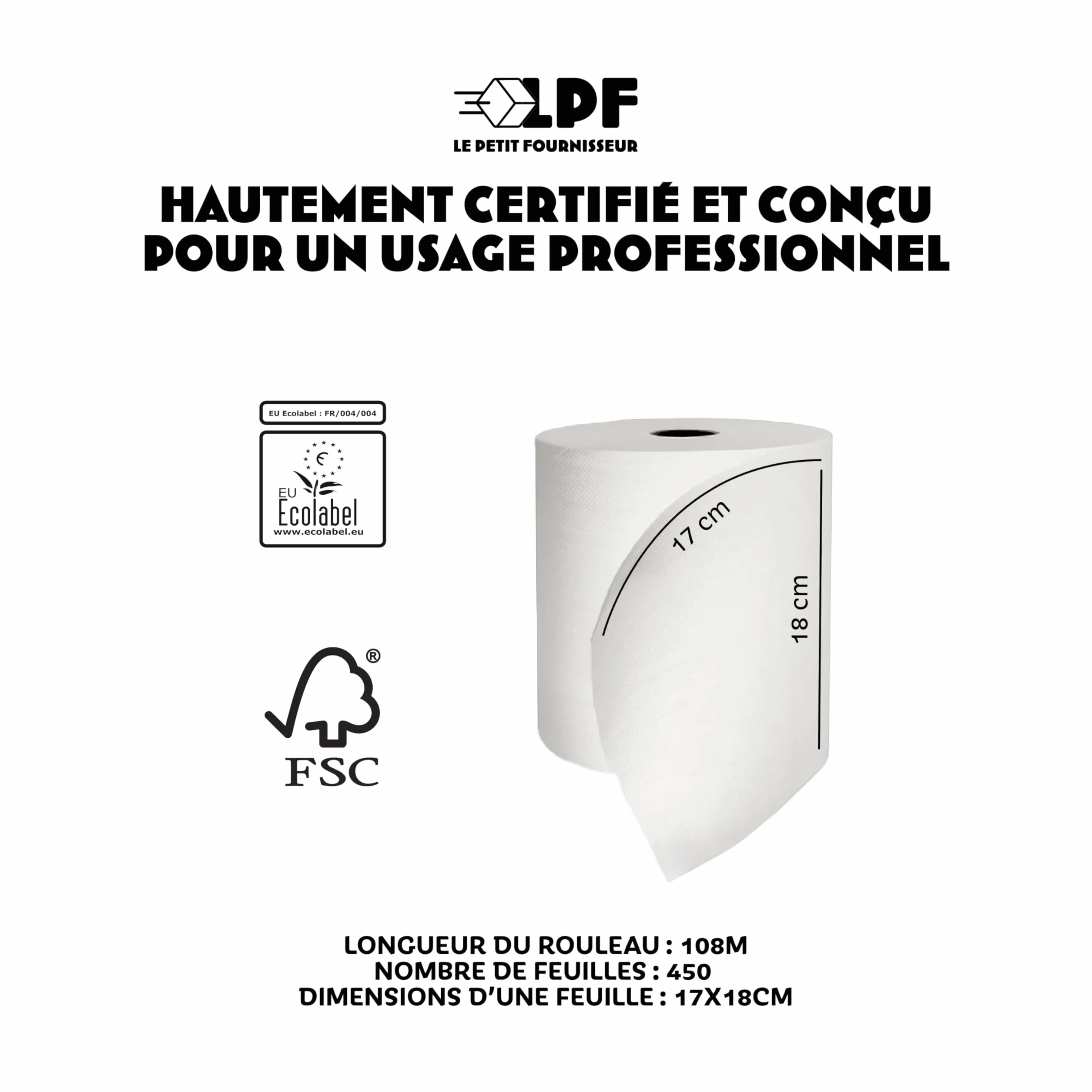 LPF LE PETIT FOURNISSEUR – Essuie-Tout Professionnel Dévidage Central – 450 Feuilles 18x18cm – Double Épaisseur Pure Ouate – Absorbant & Résistant – Contact Alimentaire – Made in France – Lot de 6