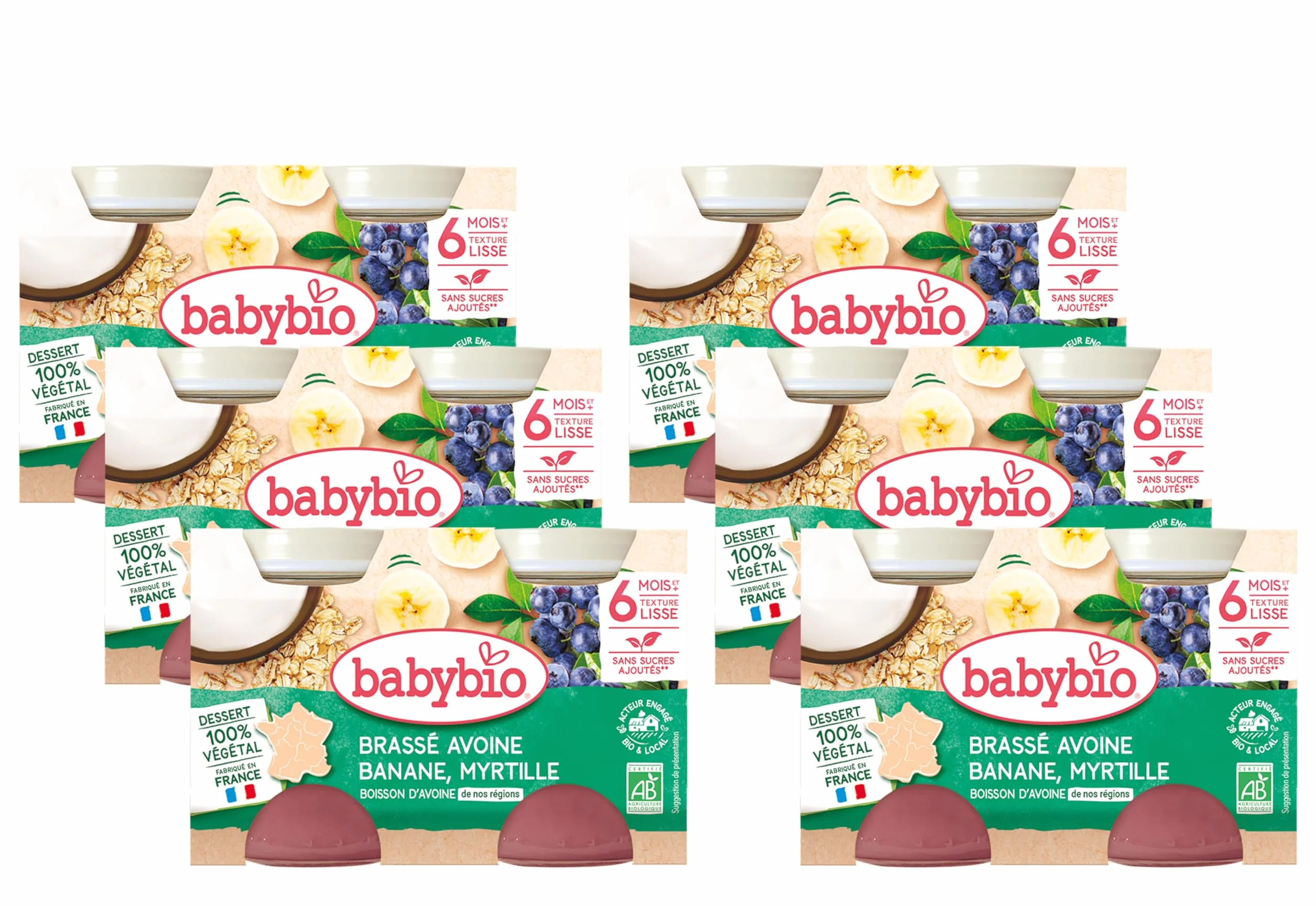 BABYBIO - Petits Pots - Brassé Végétal Avoine Banane Myrtille - 2x130g - 6+ mois - BIO - Lot de 6