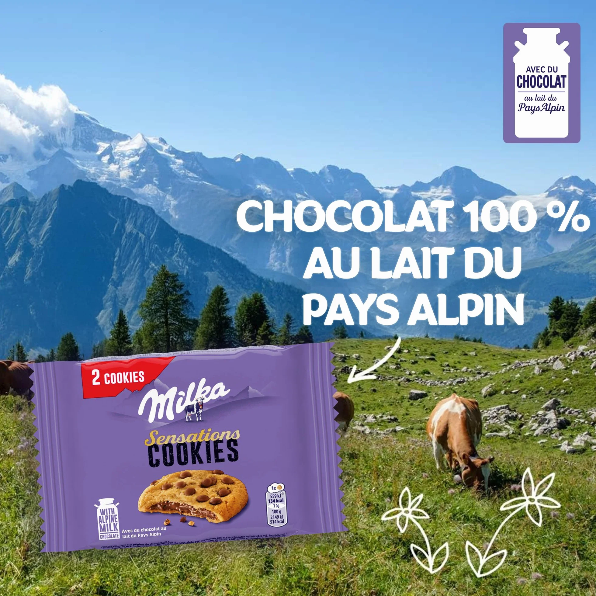 MILKA - Cookies Sensations - Cookies aux Pépites de Chocolat au Lait et Cœur Chocolaté - Lot de Biscuits Individuels - Format Familial Pratique pour le Goûter - Présentoir de 24 Paquets de 2 Cookies