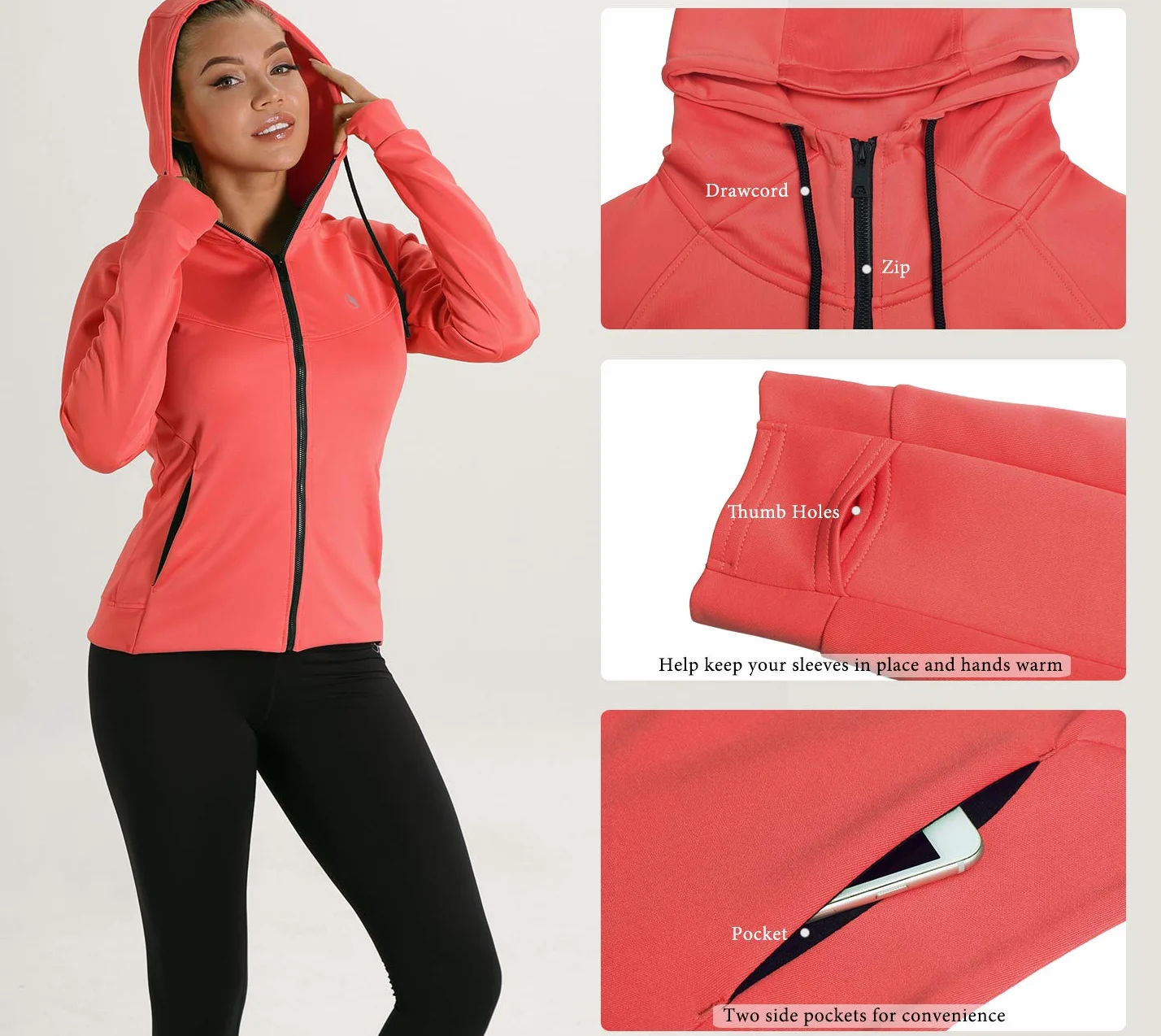 icyzone Veste de Sport Femme Sweat Capuche Poignets élastiques Trous Pouce Exercice Gym