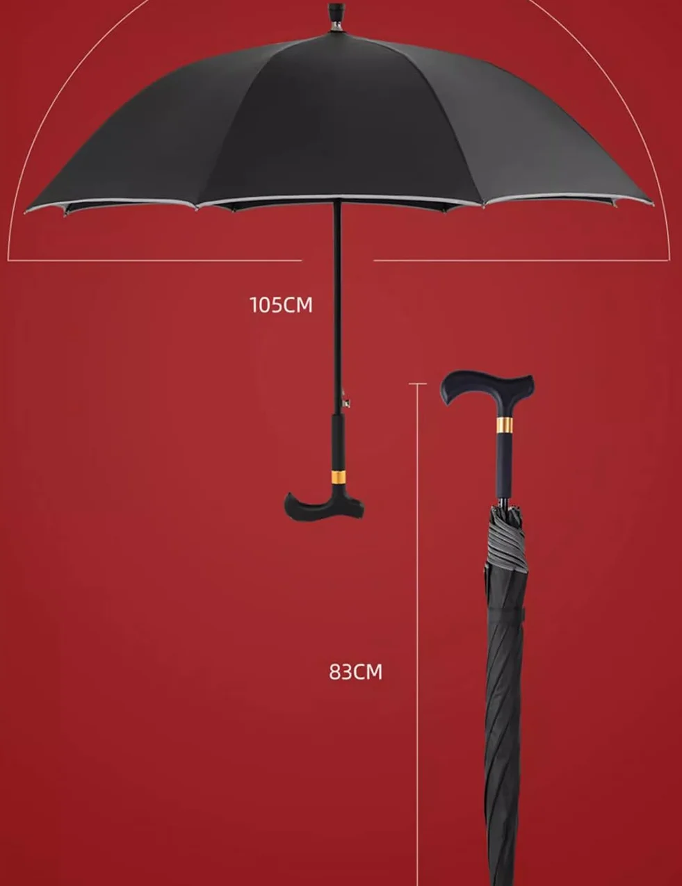 Parapluie Canne de Marche Antidérapant Résistant au Vent Multifonction 83cm
