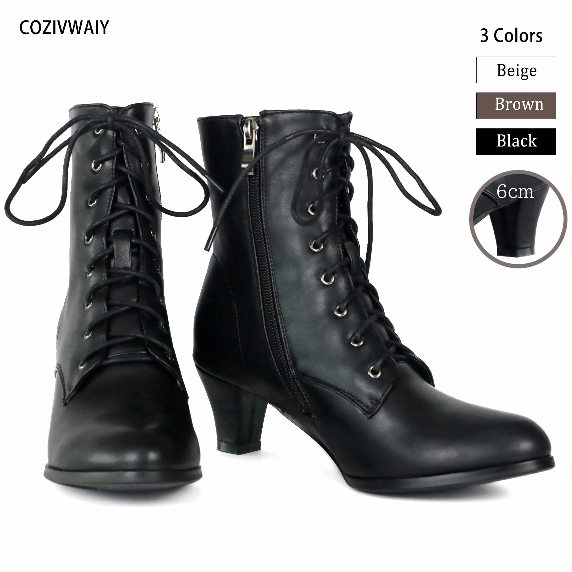 Cozivwaiy Bottes Victoriennes pour Femmes Lacets 70s Bottines Talon Moyen Cheville Steampunk Gothique