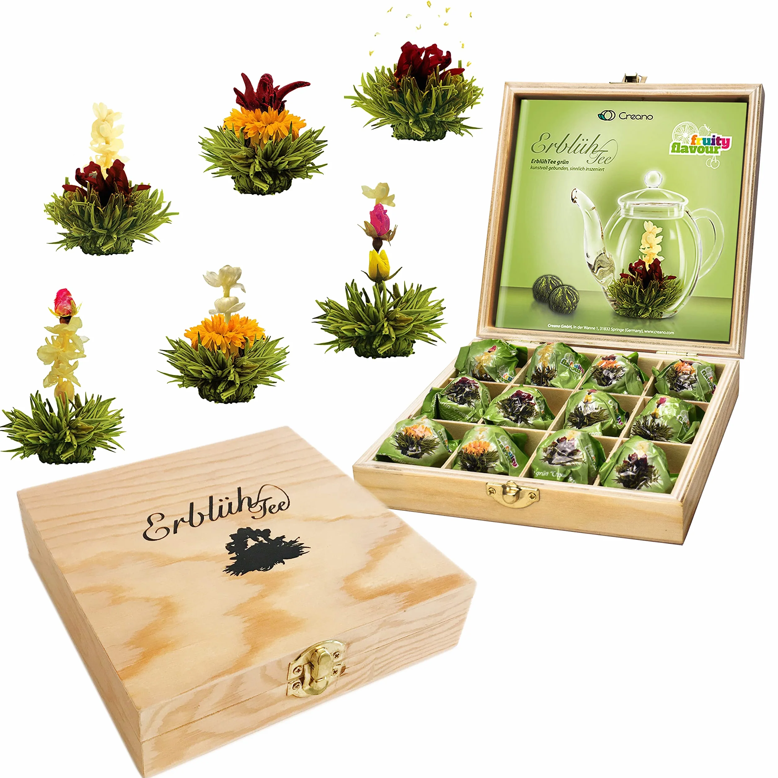 Creano „Fleurs de Thé“ Verts 12 pcs – Coffret en Bois Premium – 6 variétés de thé vert fruité aromatisé – Idée cadeau élégante