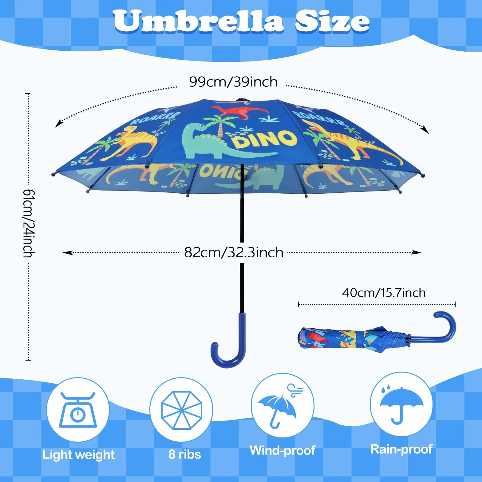 Parapluie Enfant avec Housse Coupe-vent Durable Pliant Canne Motif Mignon Dinosaures