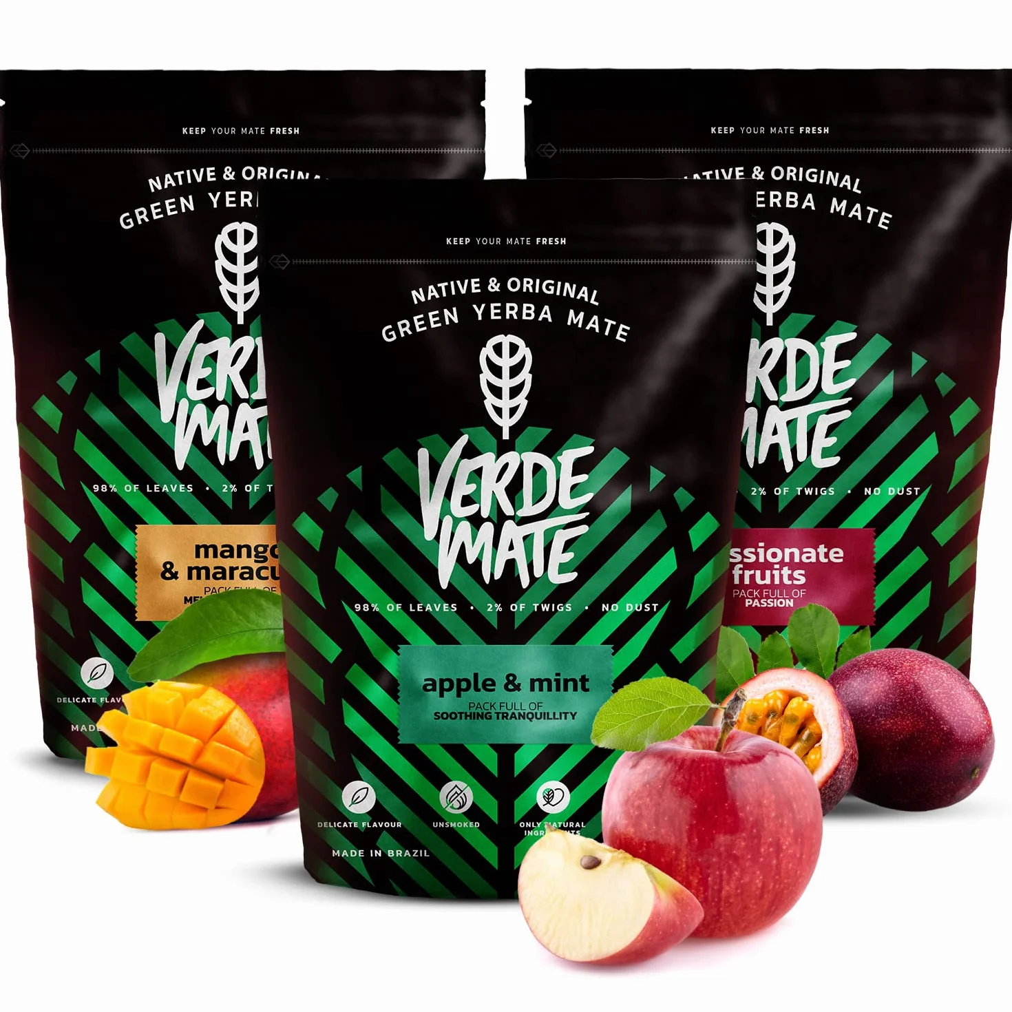 Verde Mate Yerba Maté aux Fruits | Mangue Verte & Maracuya, Pomme & Menthe, Fruits de la Passion | Thé Vert Brésilien | Ensemble de 3x500g