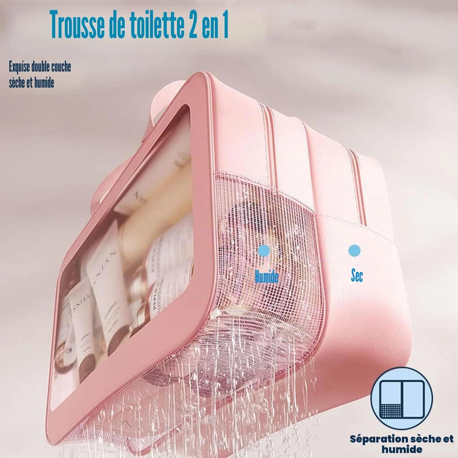 Trousse De Toilette Grande Séparation Sèche Et Humide Voyage Rose L
