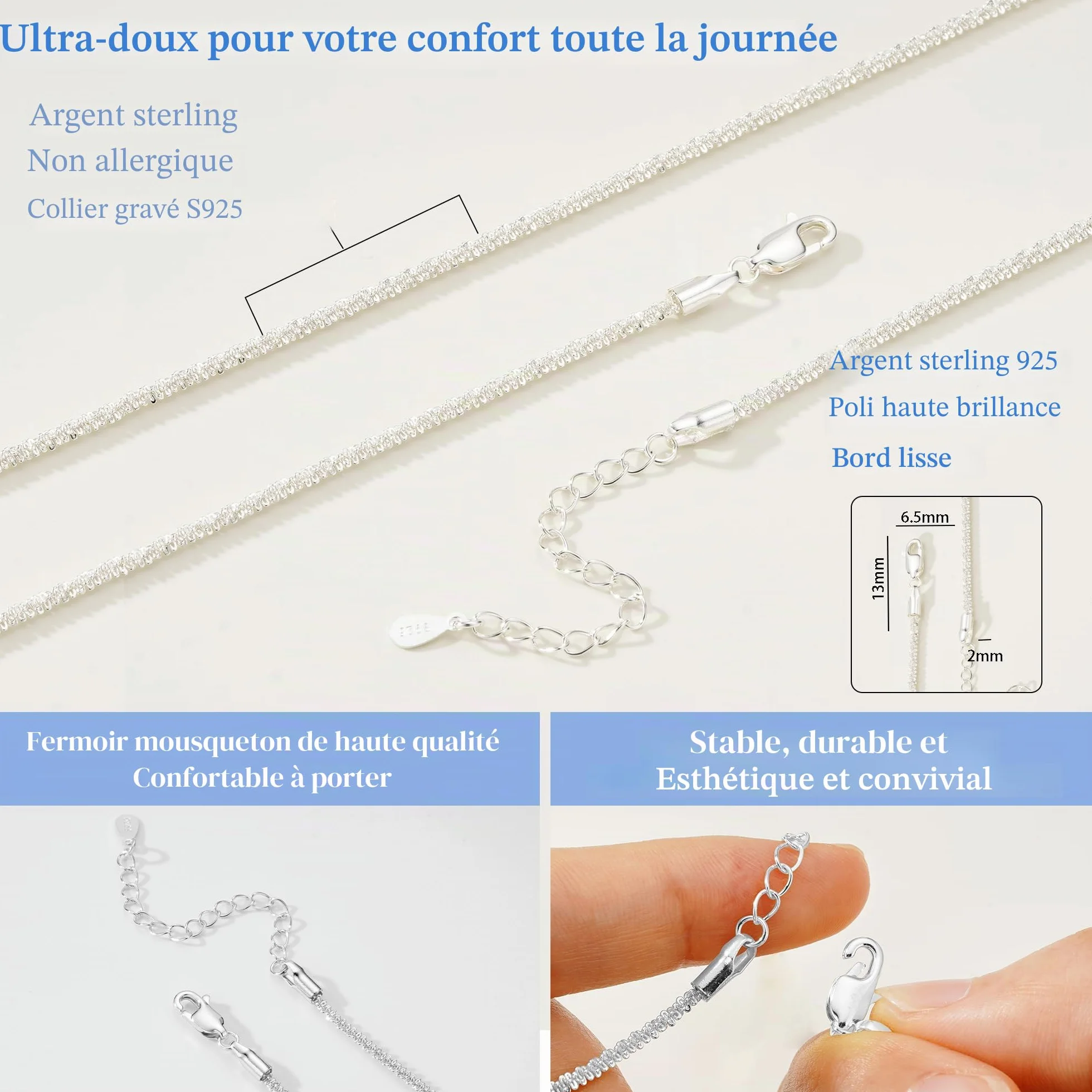 Avotto S925 Collier en argent sterling 2 mm avec diamants Chaîne étincelante 14-28 pouces
